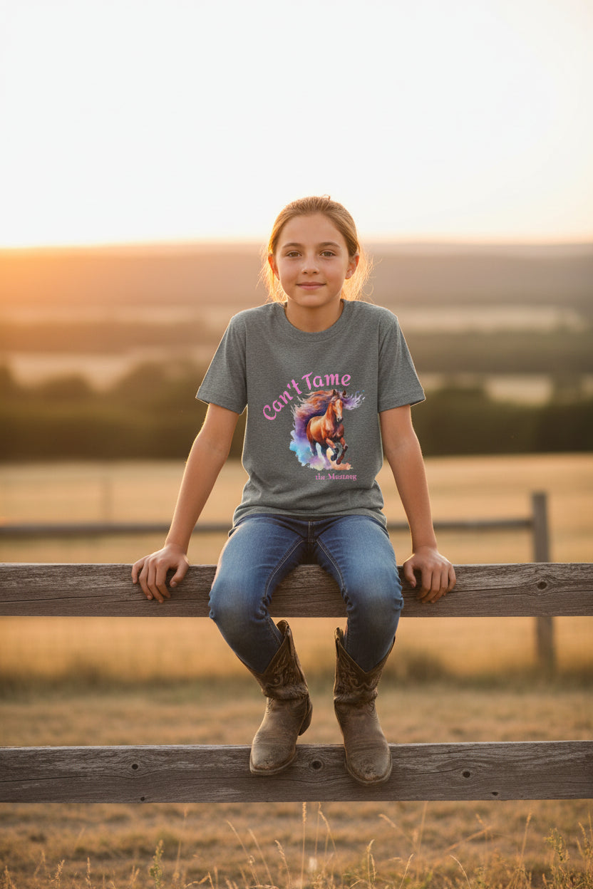 Girls Horse Tee Watercolor Mustang Shirt, Youth Wild Horse T-Shirt -Razels