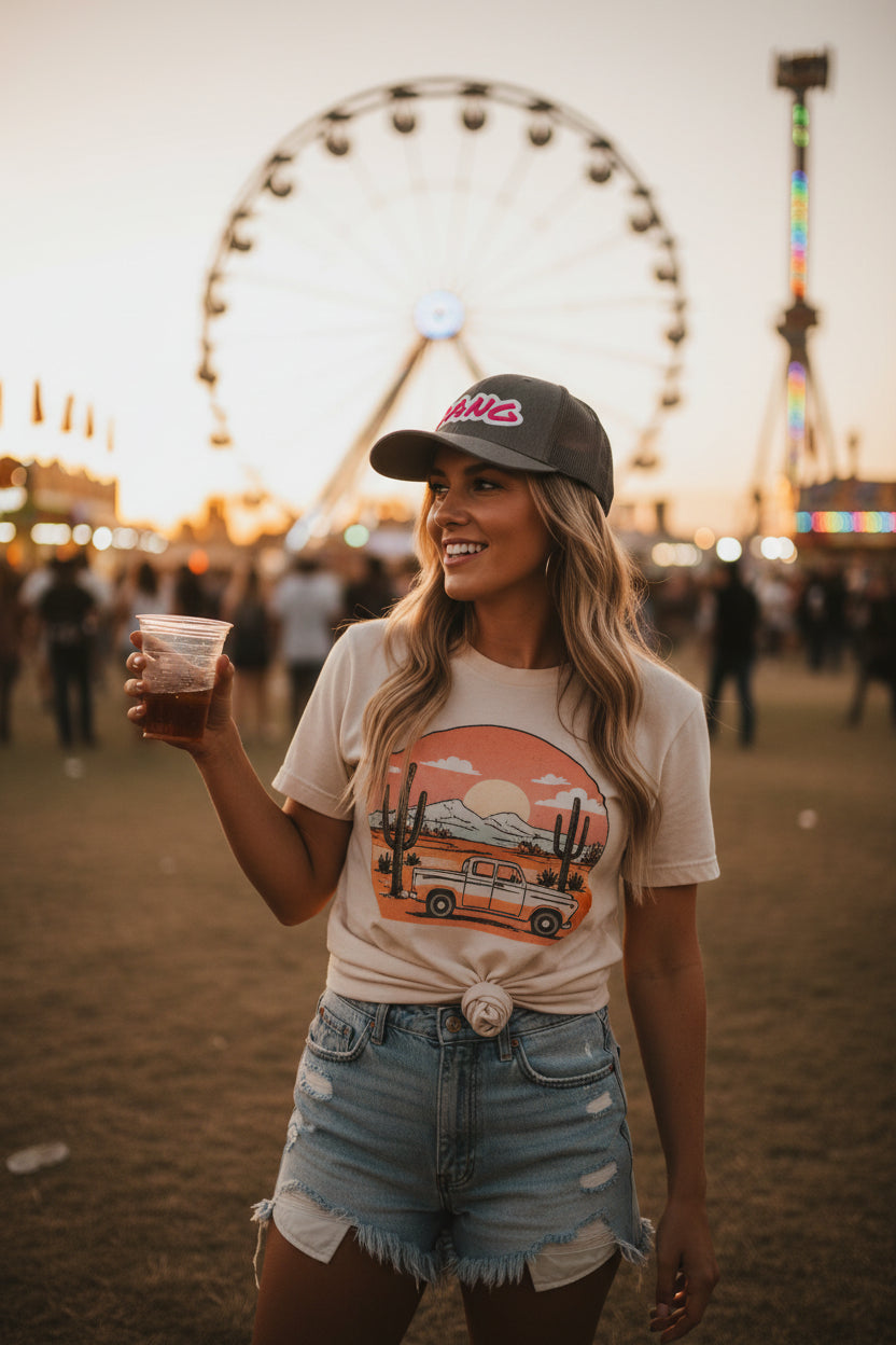 woman wearing Custom Embroidered Trucker Hat in grey white and pink and fair