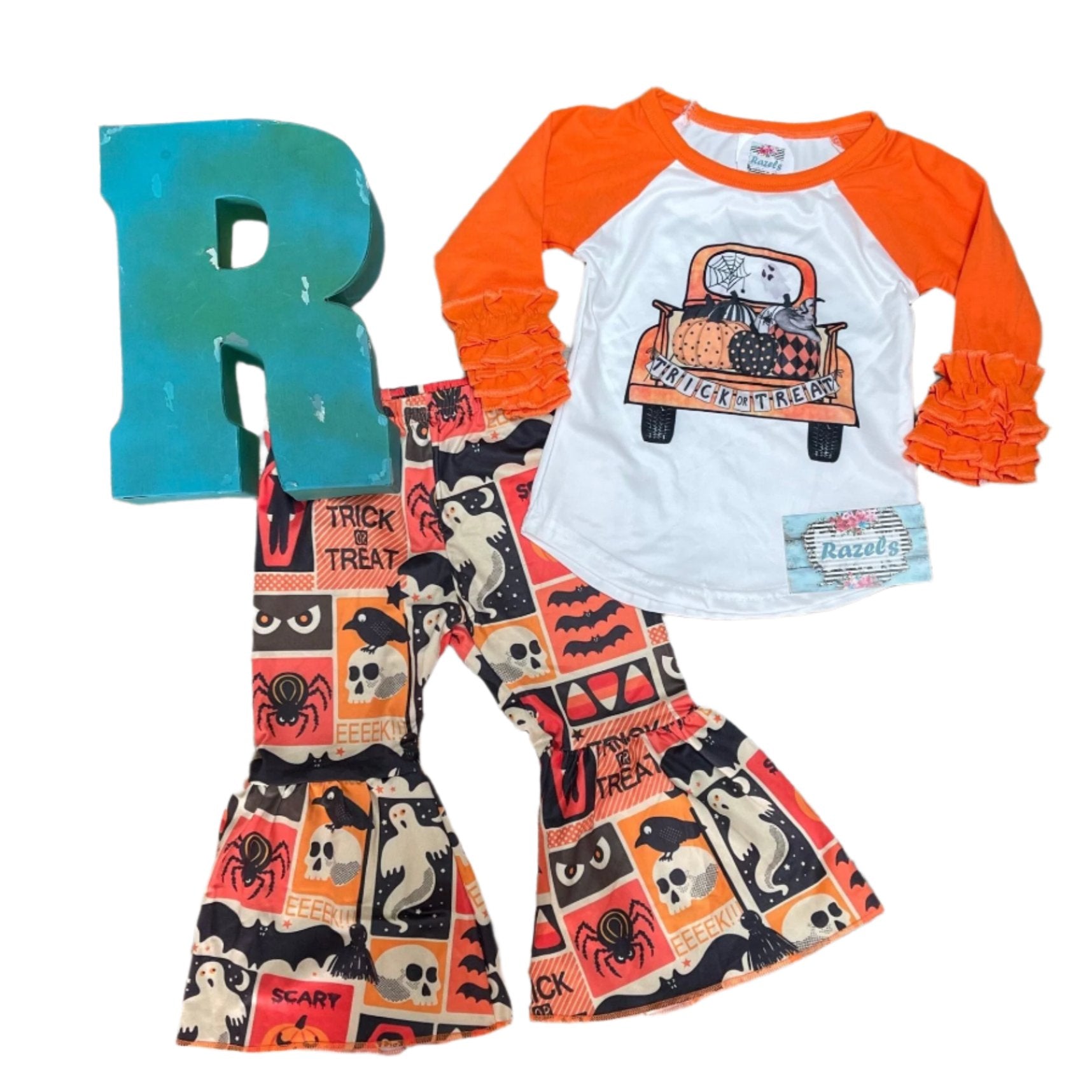 Halloween Pumpkin Truck Bell Bottoms Outfit, Girl Trick Or Treat Outfit - Razels