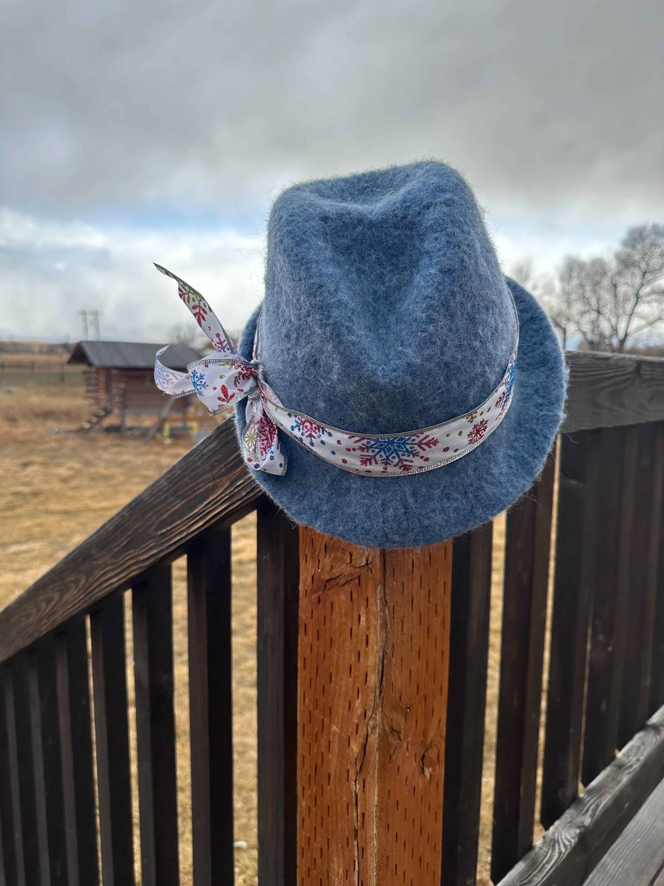 Blue felt hat with a floral ribbon on a wooden railing with a rural background