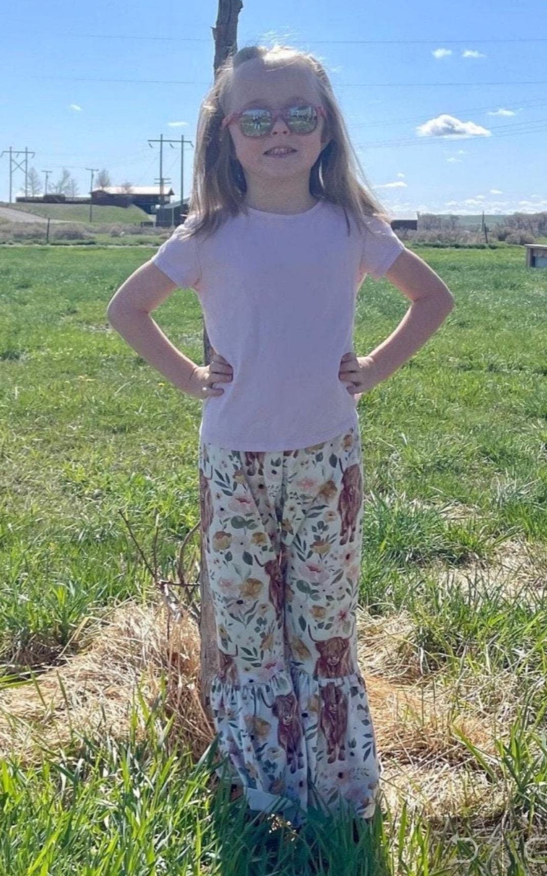 Highland Cow Floral Bell Bottoms, Spring Summer Cow Flare Pants - Razels