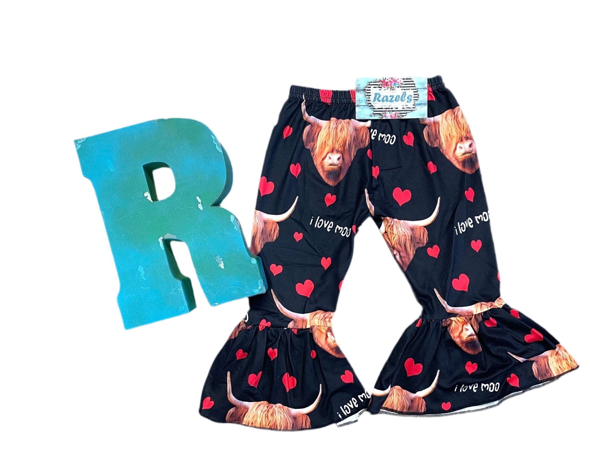 Highland Cow Pants, I love Moo, Cow Valentine's Pants, Cow Bell Bottoms - Razels