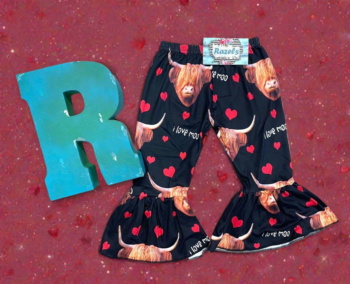 Highland Cow Pants, I love Moo, Cow Valentine's Pants, Cow Bell Bottoms - Razels