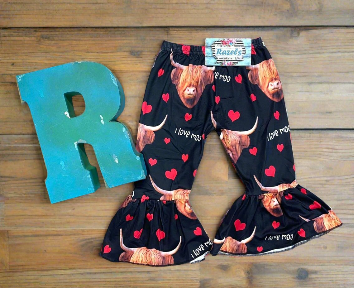 Highland Cow Pants, I love Moo, Cow Valentine's Pants, Cow Bell Bottoms - Razels