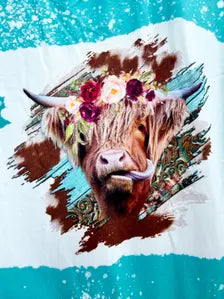 Girls Highland Cow Bell Bottom Outfit, Turquoise Western Cowgirl Clothing Set