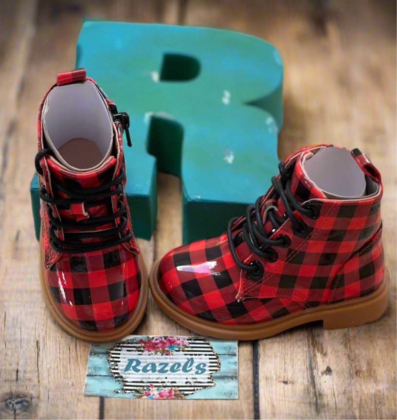 Holiday Outfit Shoes | Kids Christmas BUFFALO PLAID BOOTS, Buffalo Check Boots, Red and Black Checkered Shoes - Razels