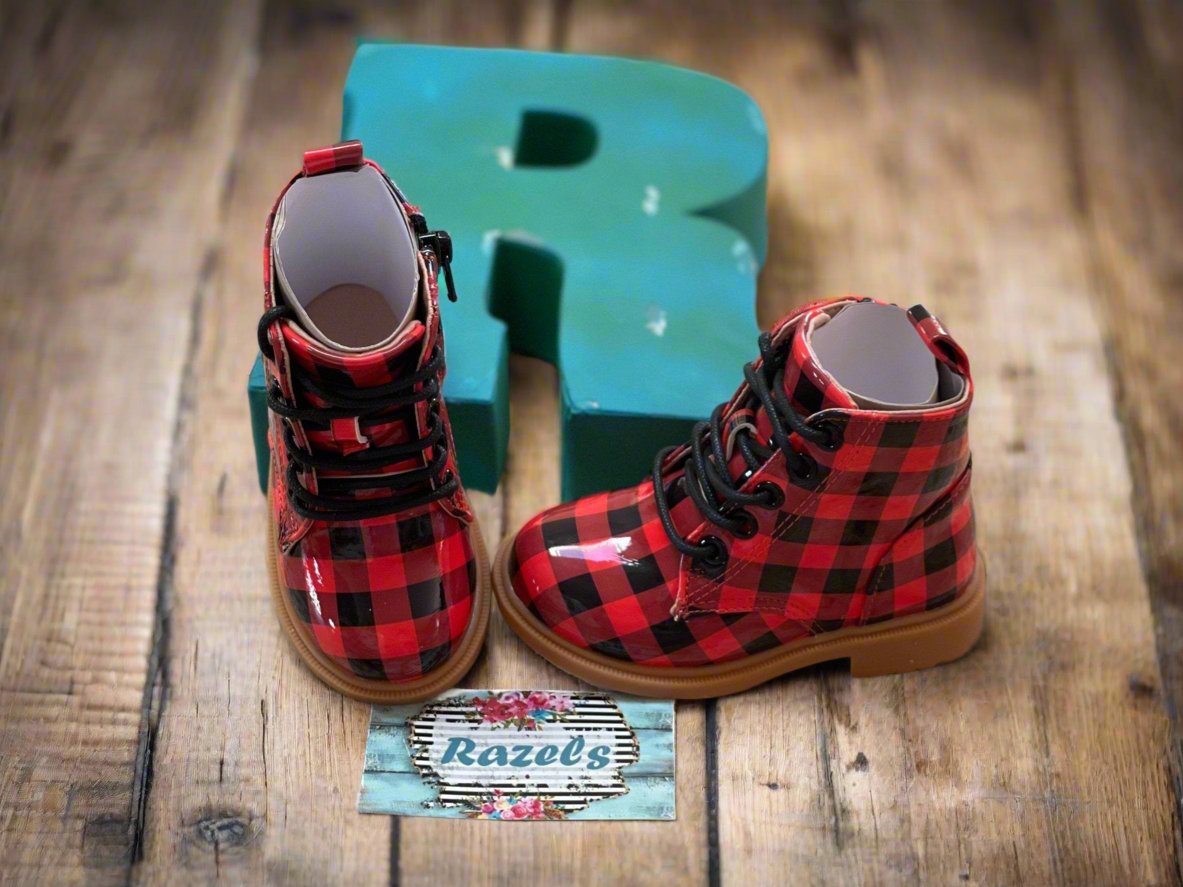 Holiday Outfit Shoes | Kids Christmas BUFFALO PLAID BOOTS, Buffalo Check Boots, Red and Black Checkered Shoes - Razels