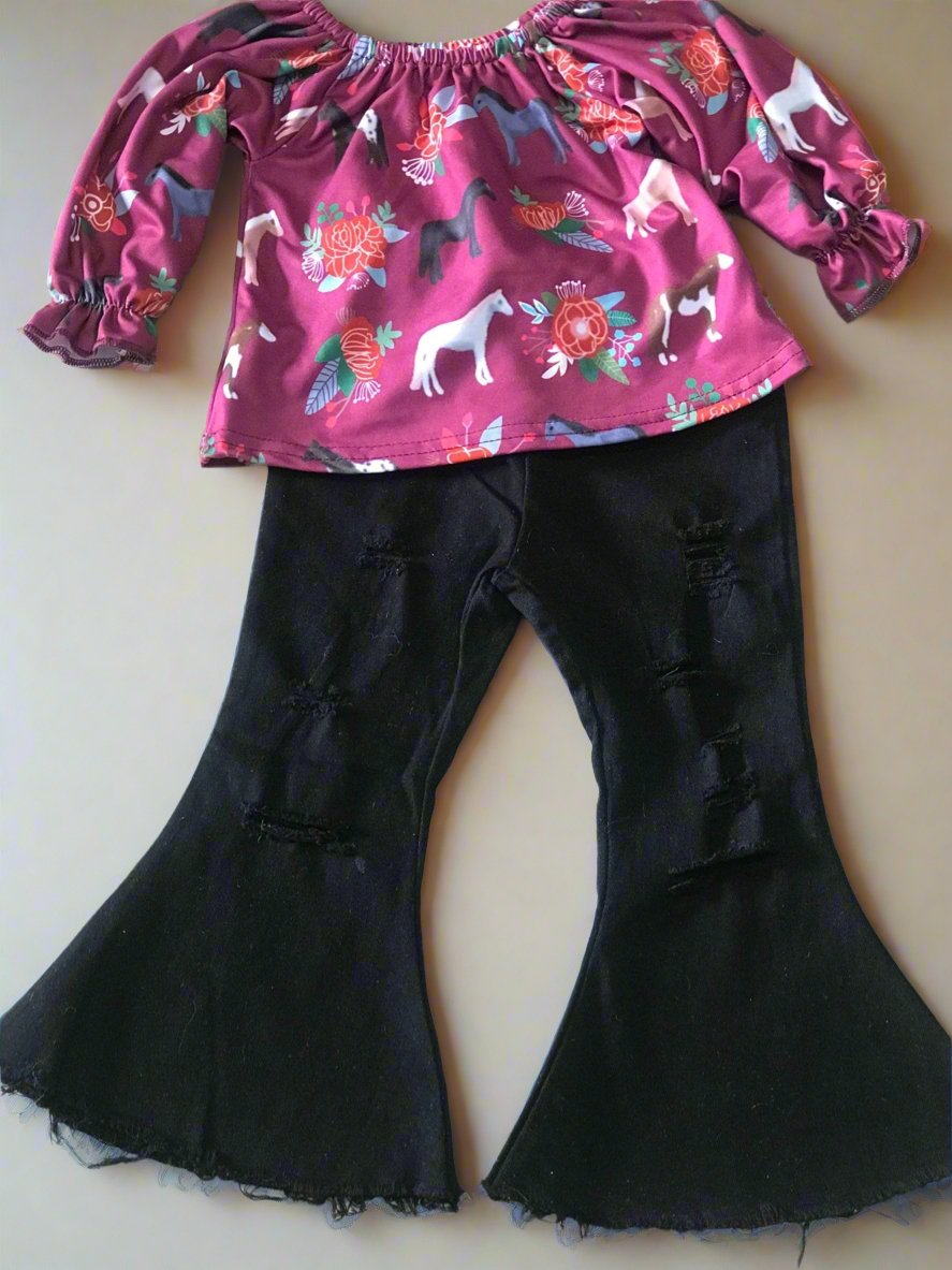 Horse Girl Bell Bottom Outfit, Girls Horse Shirt Blouse and Black Distressed Jeans - Razels