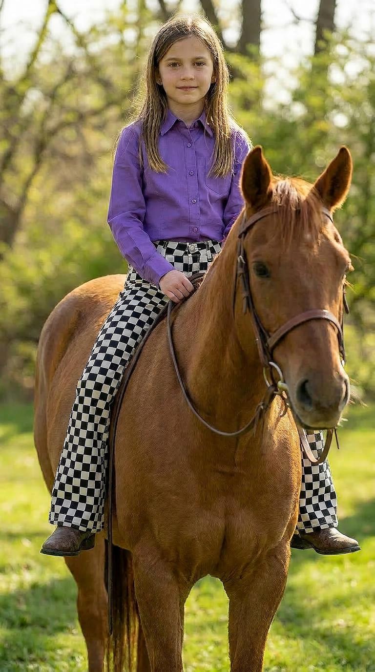 girl wearing a purple cowgirl shirt and checkerboard pants while riding her horse