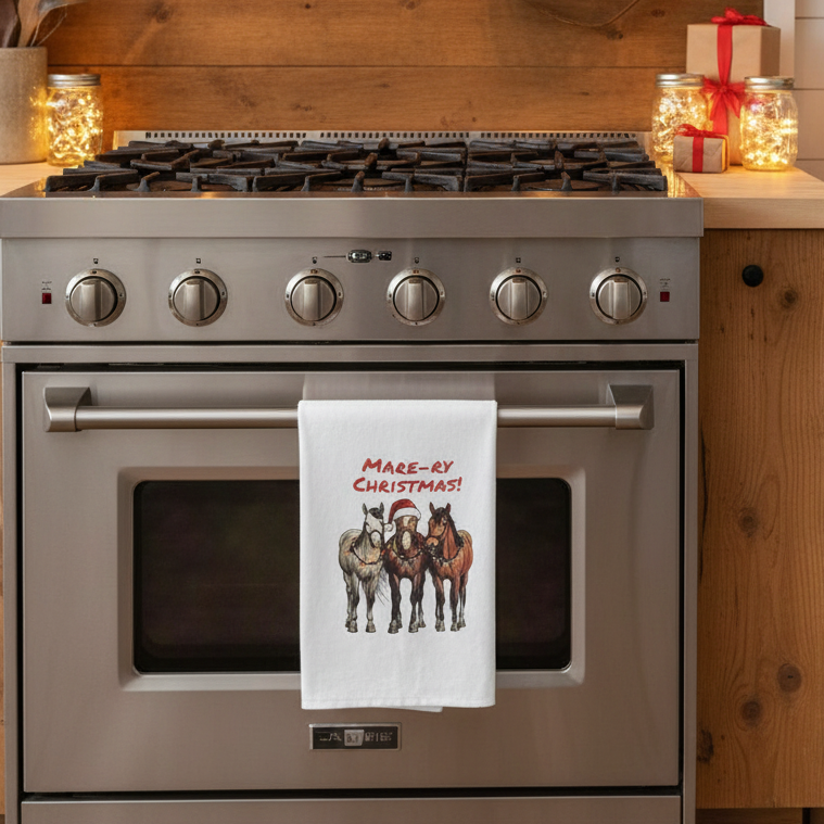 White towel with Christmas-themed design of three horses and 'Mare-ry Christmas!' text on a white background.