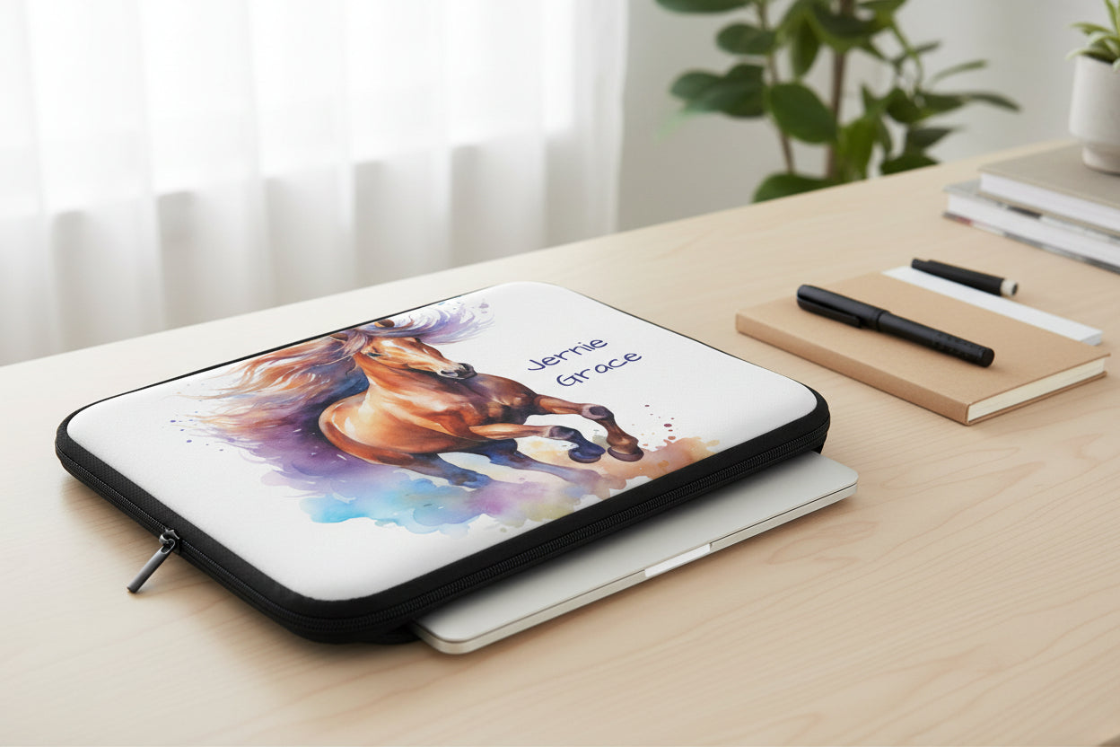 Laptop sleeve with a horse design and 'Jernie Grace' text on a white background