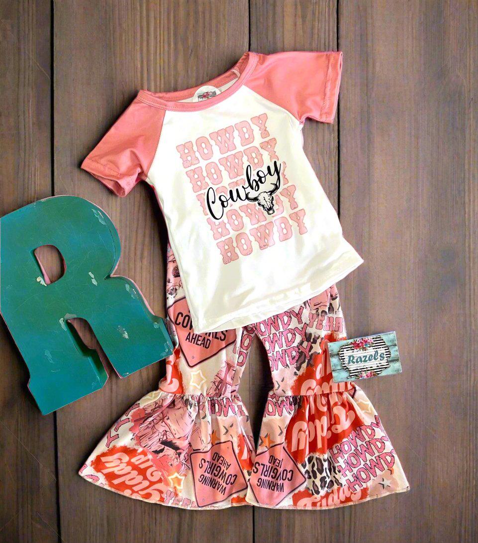 Howdy Cowboy Print Bell Bottom Outft Western Girl Outfit girls Bell Bottom outfit Cowgirl Outfit for Girls - Razels