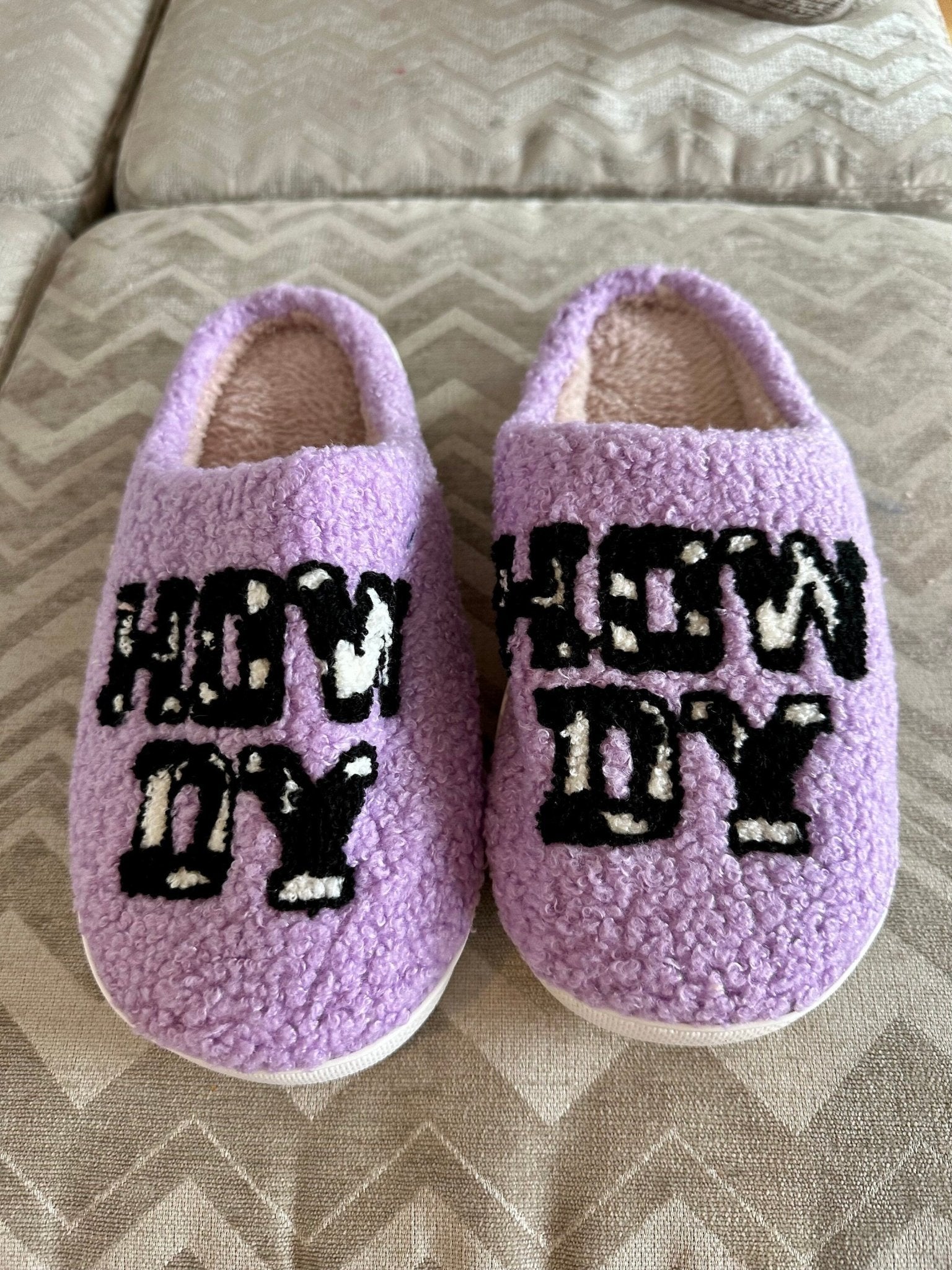 HOWDY Slippers, Cowgirl Cow print Purple Fuzzy House Shoes - Razels