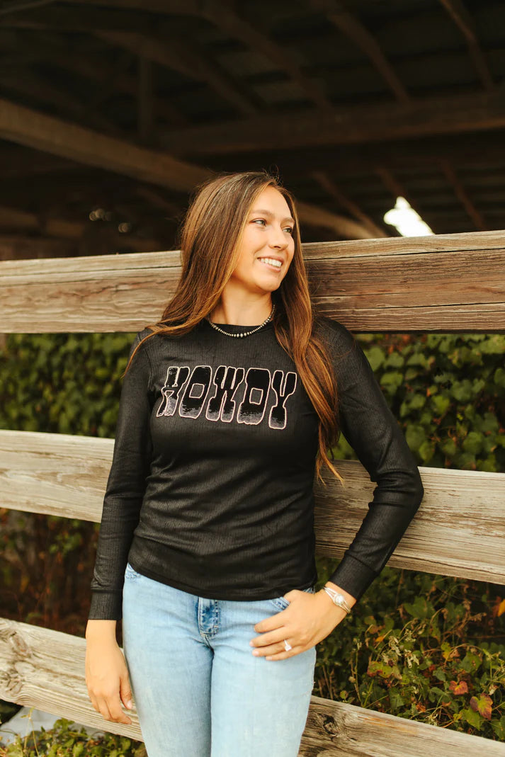 Black Sequin “Howdy” Long Sleeve Top | Western Graphic Shirt – Leather Luxe Style