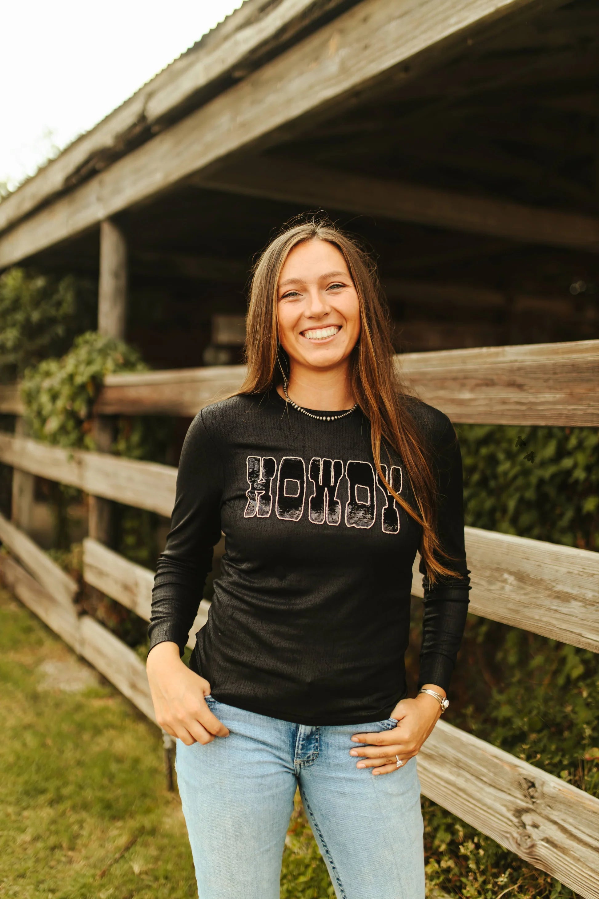 Black Sequin “Howdy” Long Sleeve Top | Western Graphic Shirt – Leather Luxe Style
