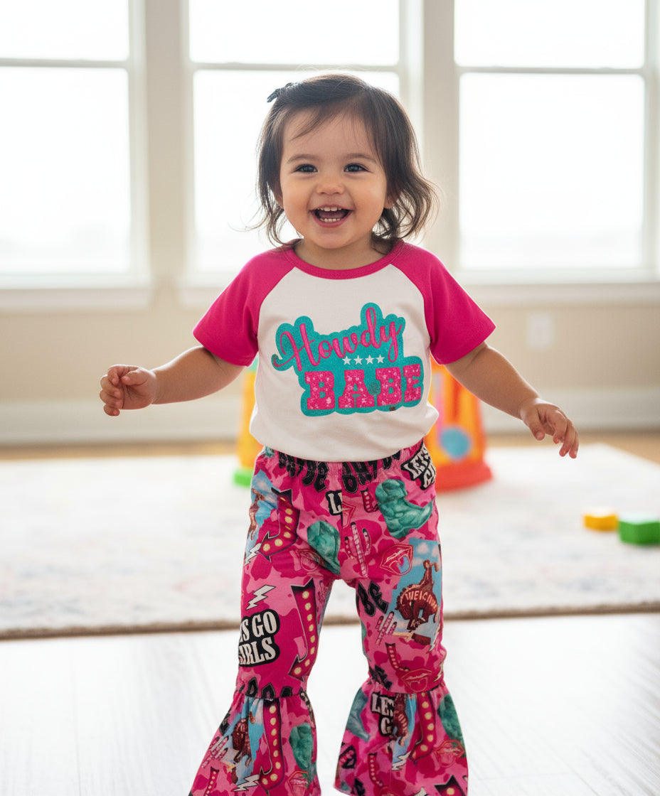 Girls’ Bell Bottom Outfit | HOWDY BABE Cowgirl Flares Pink & Turquoise Let’s Go Girls Set Toddler Western Clothes -Razels