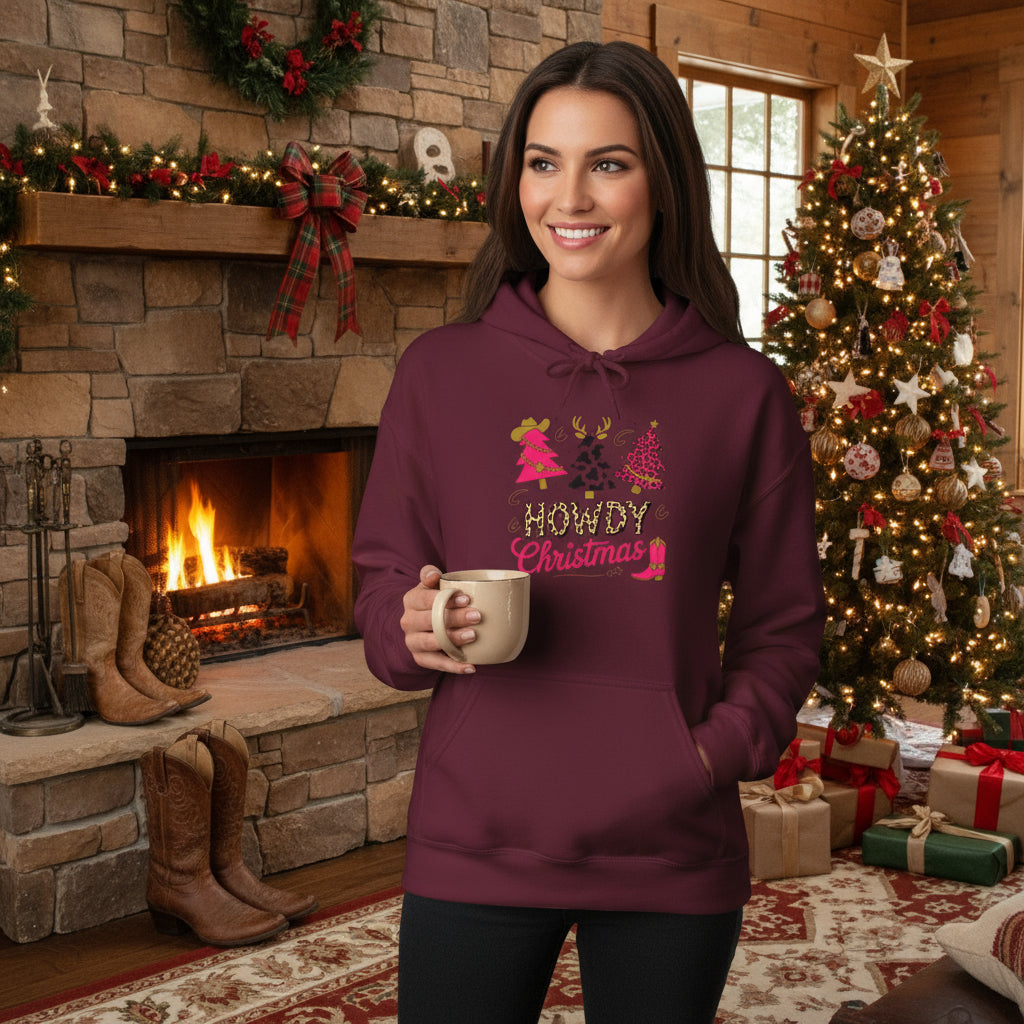 Maroon hoodie with Christmas-themed design on a white background