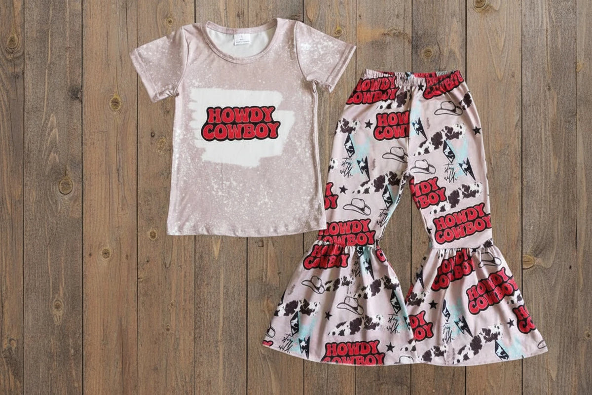 Girls Howdy Cowboy Outfit, Pink Western Bell Bottoms