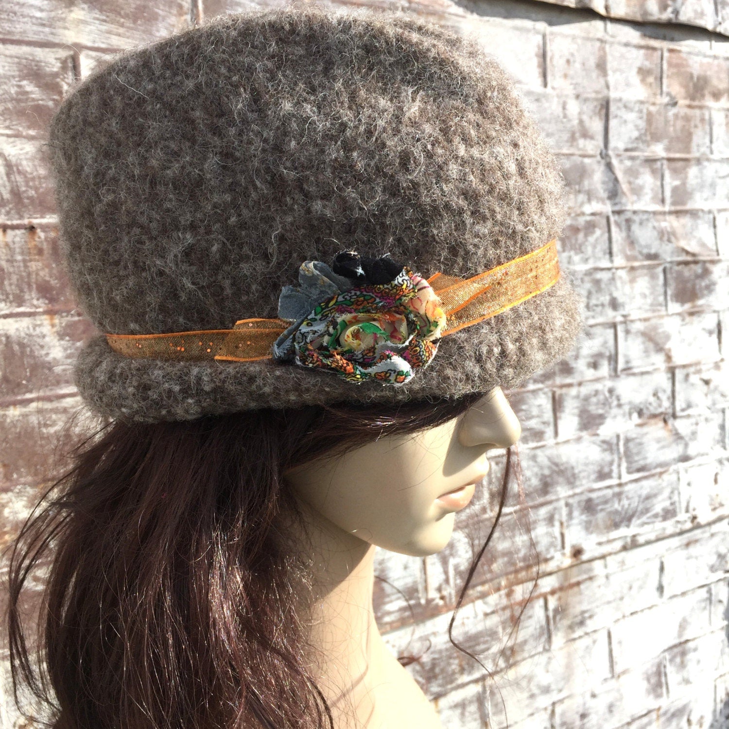 Brown Wool Trilby Hat with Sparkly Orange Band &amp; Multicolor Flower, WOOL FEDORA, WOMENS Handmade Hat