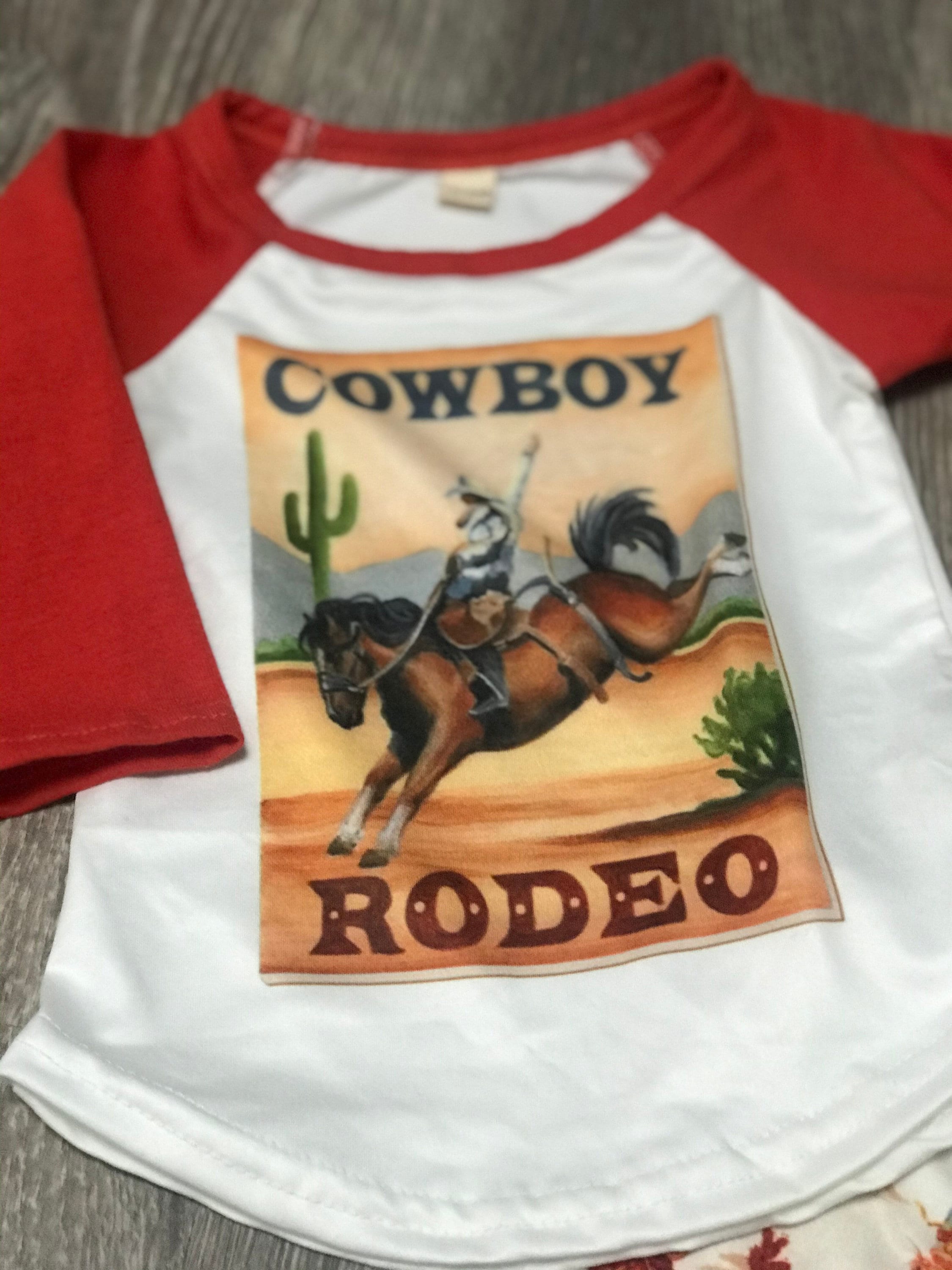 4T Cowboy Bell Bottom Outfit | Girls Rodeo Bell Bottoms | Vintage Cowboy Print Flares & Raglan T-shirt Featuring a fun vintage cowboy print, this outfit is perfect for little rodeo lovers and cowgirls alike. The retro cowboys paired with bell bottoms