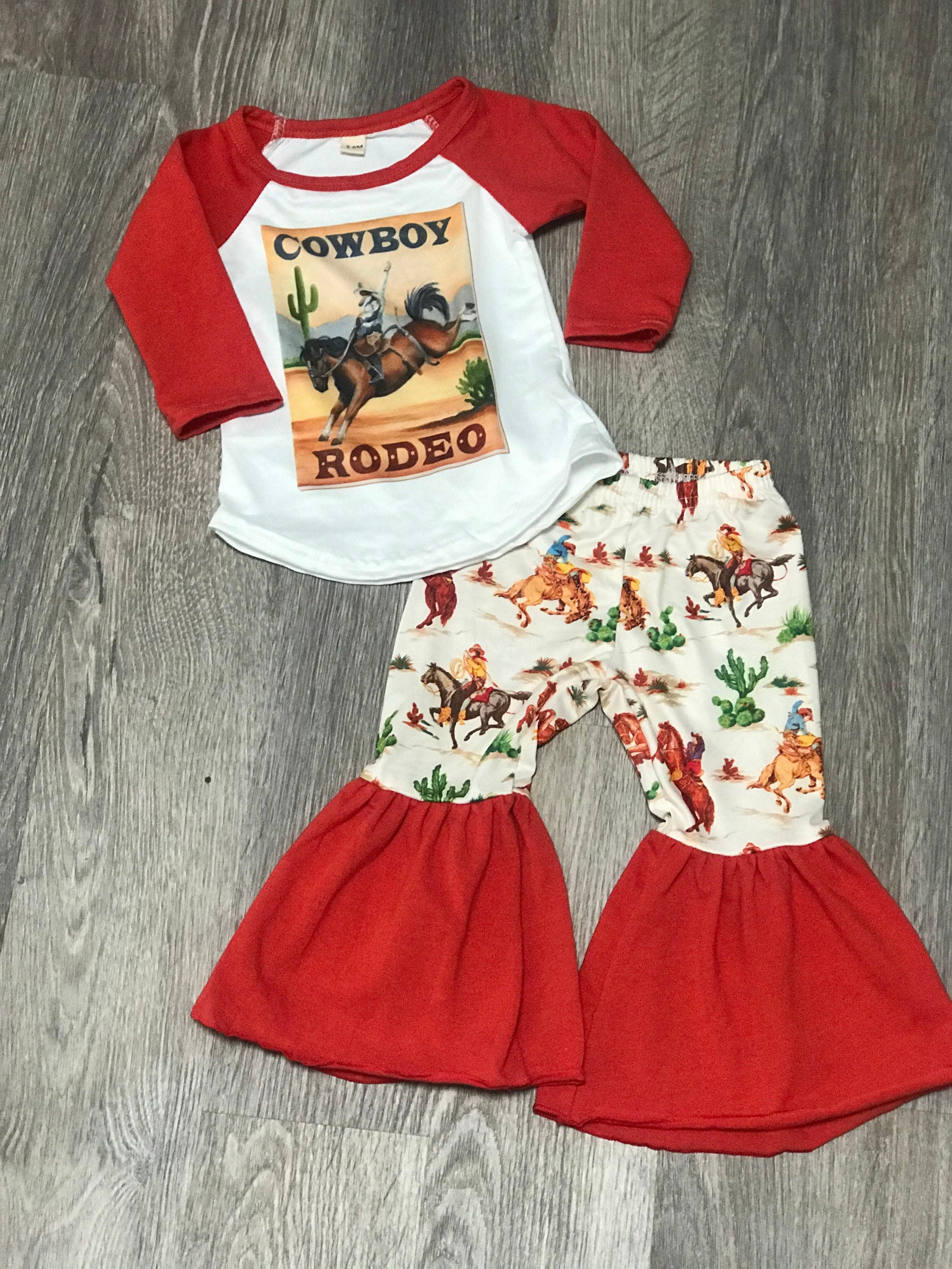 4T Cowboy Bell Bottom Outfit | Girls Rodeo Bell Bottoms | Vintage Cowboy Print Flares & Raglan T-shirt Featuring a fun vintage cowboy print, this outfit is perfect for little rodeo lovers and cowgirls alike. The retro cowboys paired with bell bottoms