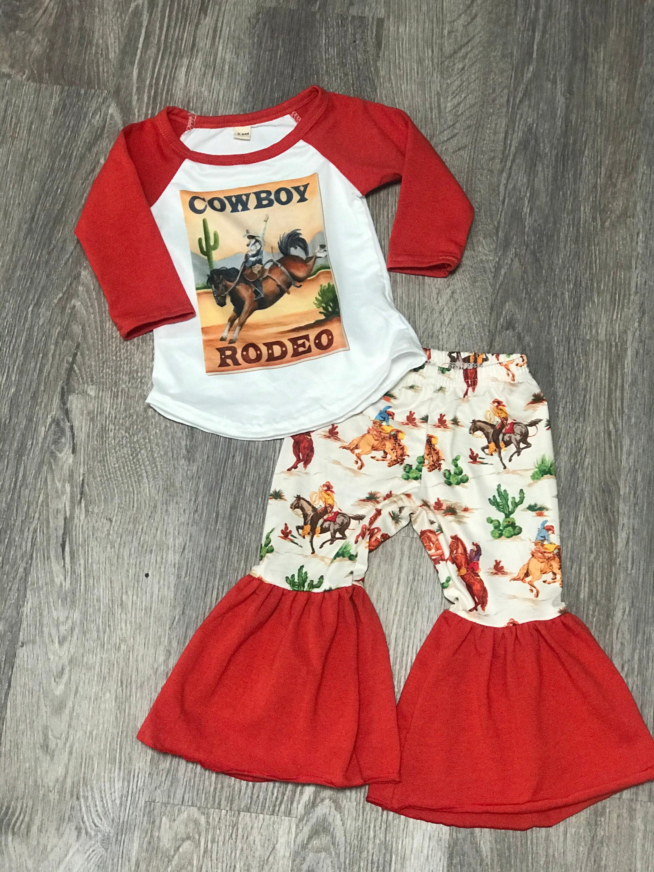 4T Cowboy Bell Bottom Outfit | Girls Rodeo Bell Bottoms | Vintage Cowboy Print Flares & Raglan T-shirt Featuring a fun vintage cowboy print, this outfit is perfect for little rodeo lovers and cowgirls alike. The retro cowboys paired with bell bottoms