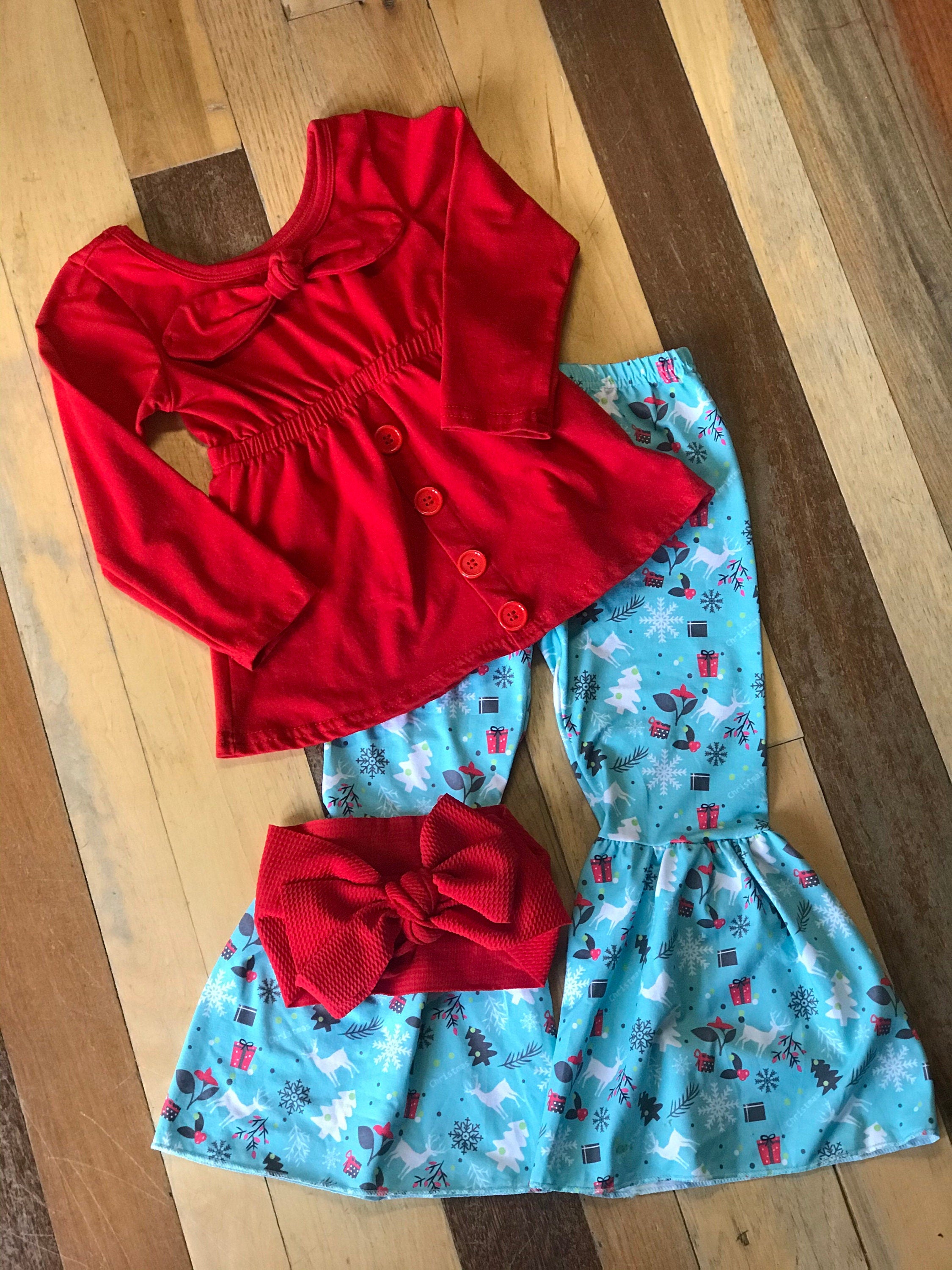 Girls Christmas Bell Bottom Outfit.