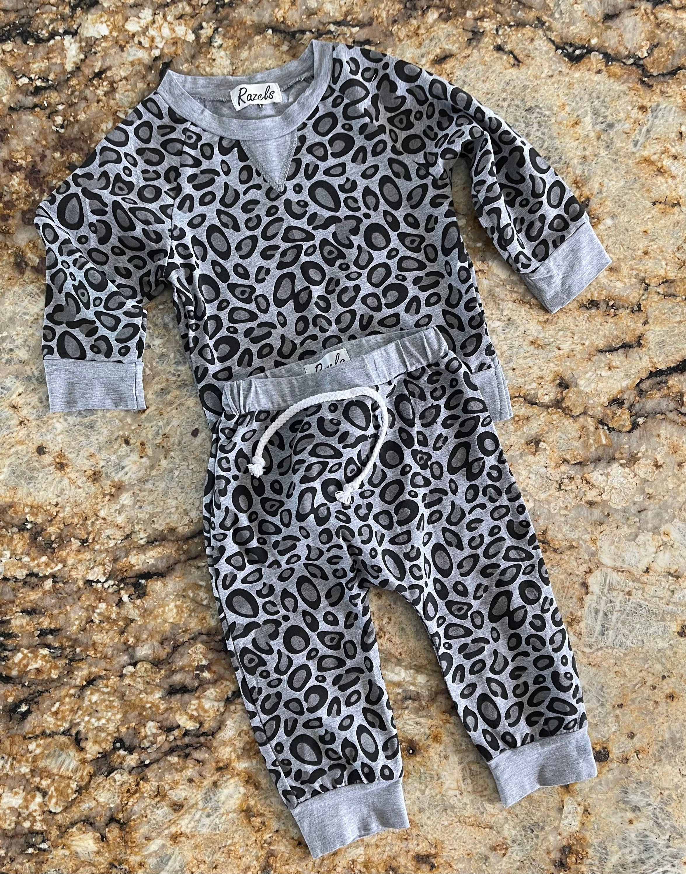 Black Grey Cheetah Jogger Outfit for baby toddler size 1-2 years, lightweight Leopard Unisex Sweats