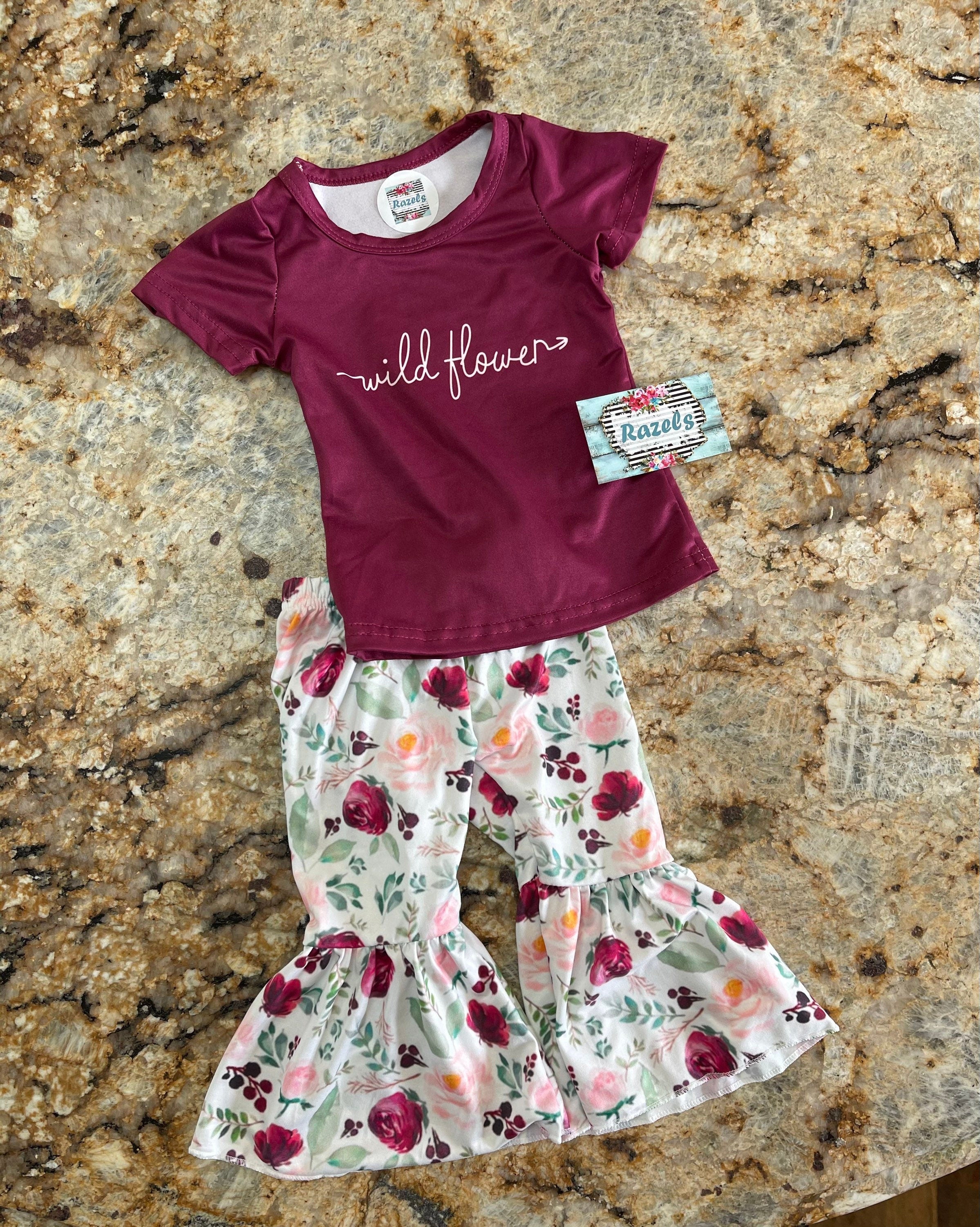 WILDFLOWER BELL Bottom T-Shirt Set / Purple Floral Flower Flares / Do you Suppose She's a Wildflower Shirt / Summer Bells