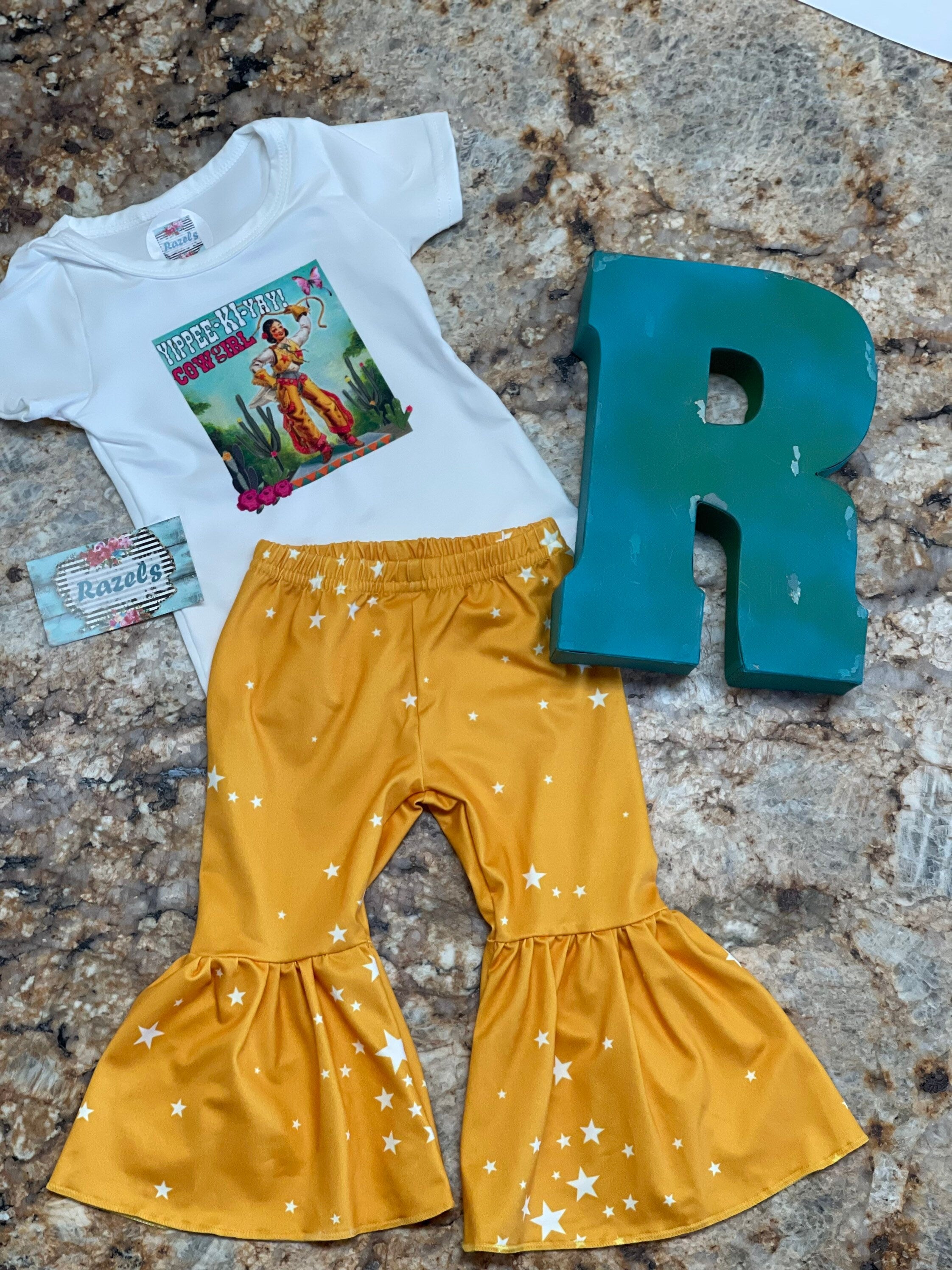 Yippee Ki Yay Cowgirl Bell Bottom Outfit, mustard yellow star flares