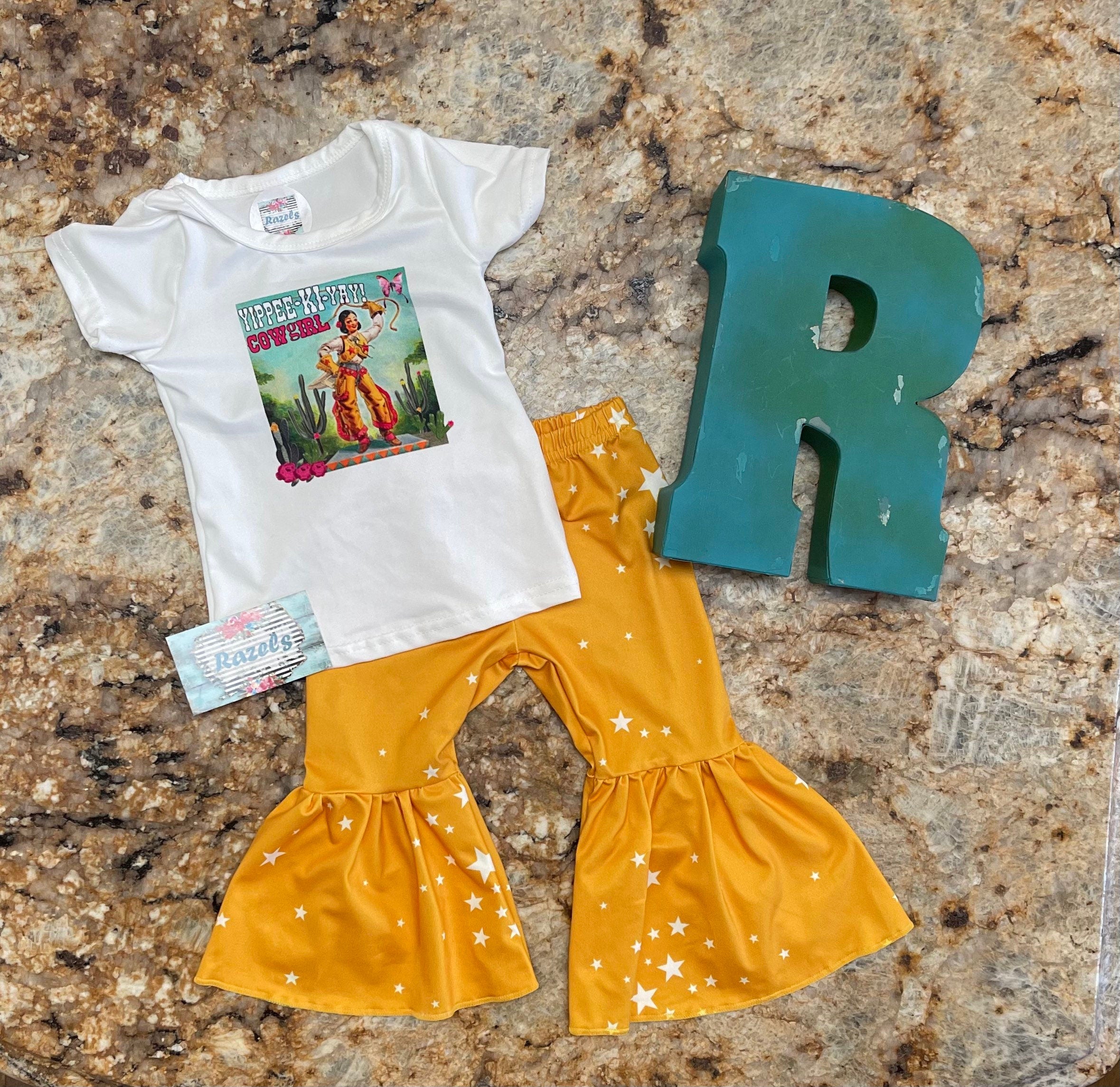 Yippee Ki Yay Cowgirl Bell Bottom Outfit, mustard yellow star flares