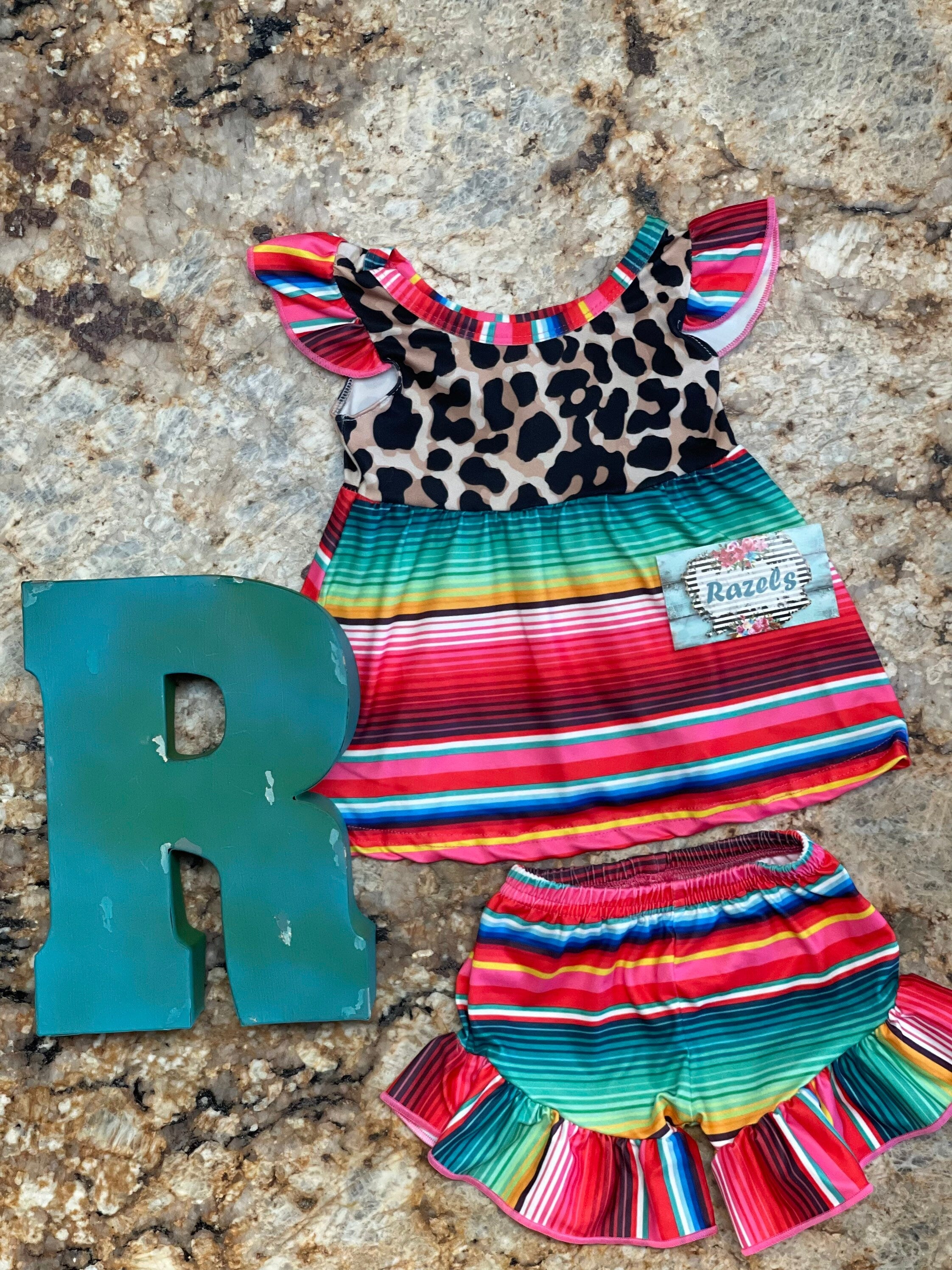 Serape Animal Print Short Set, cheetah and stripes ruffle shorts