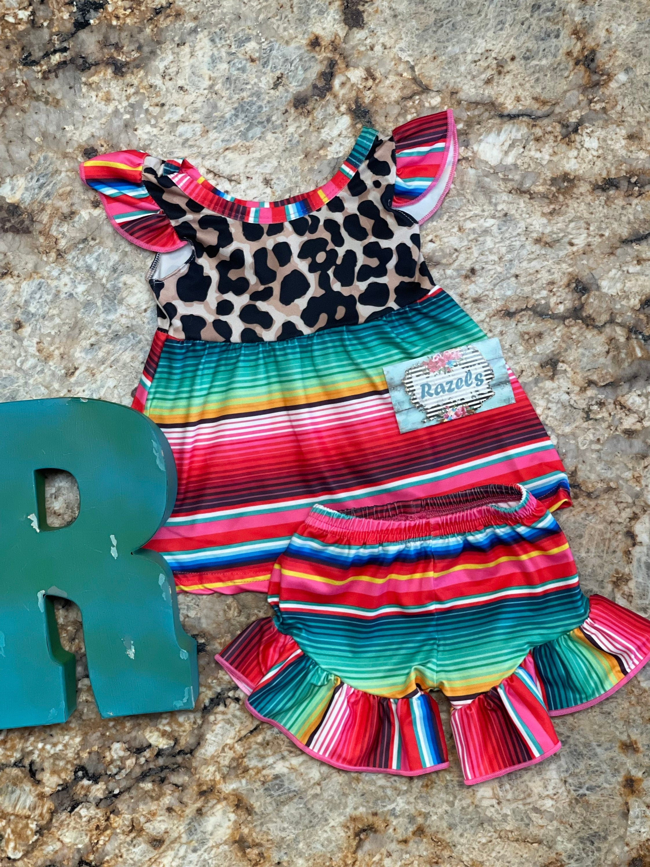 Serape Animal Print Short Set, cheetah and stripes ruffle shorts