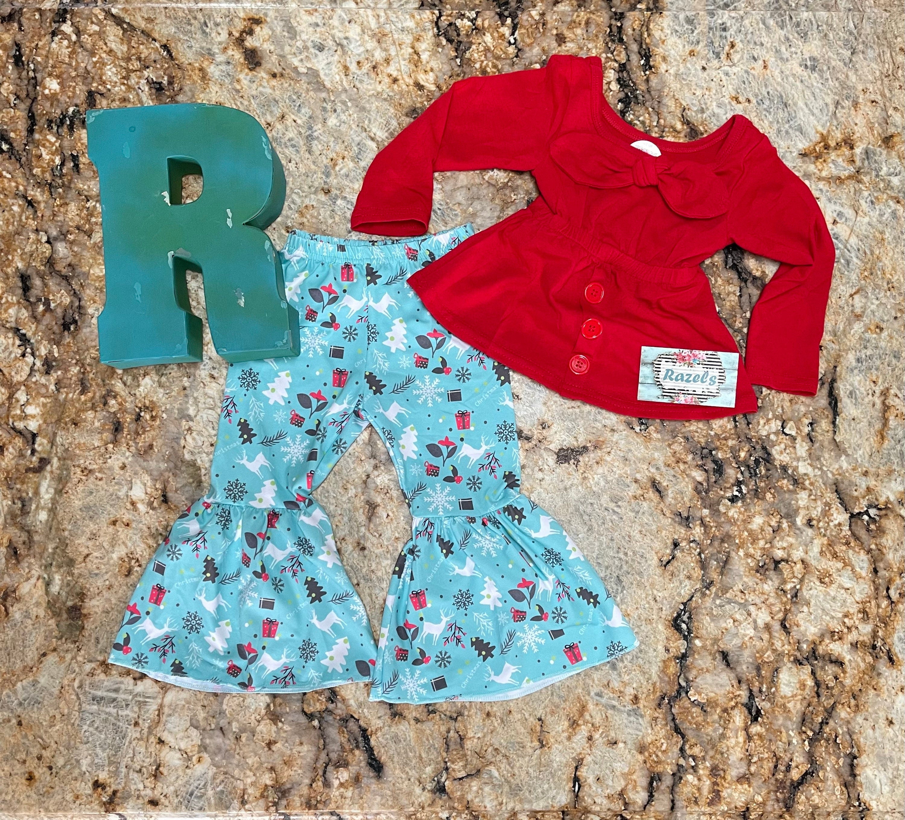 Christmas Boutique Bell Bottom Outfit / BOHO Reindeer Flare Pants, Christmas Red Bow Top