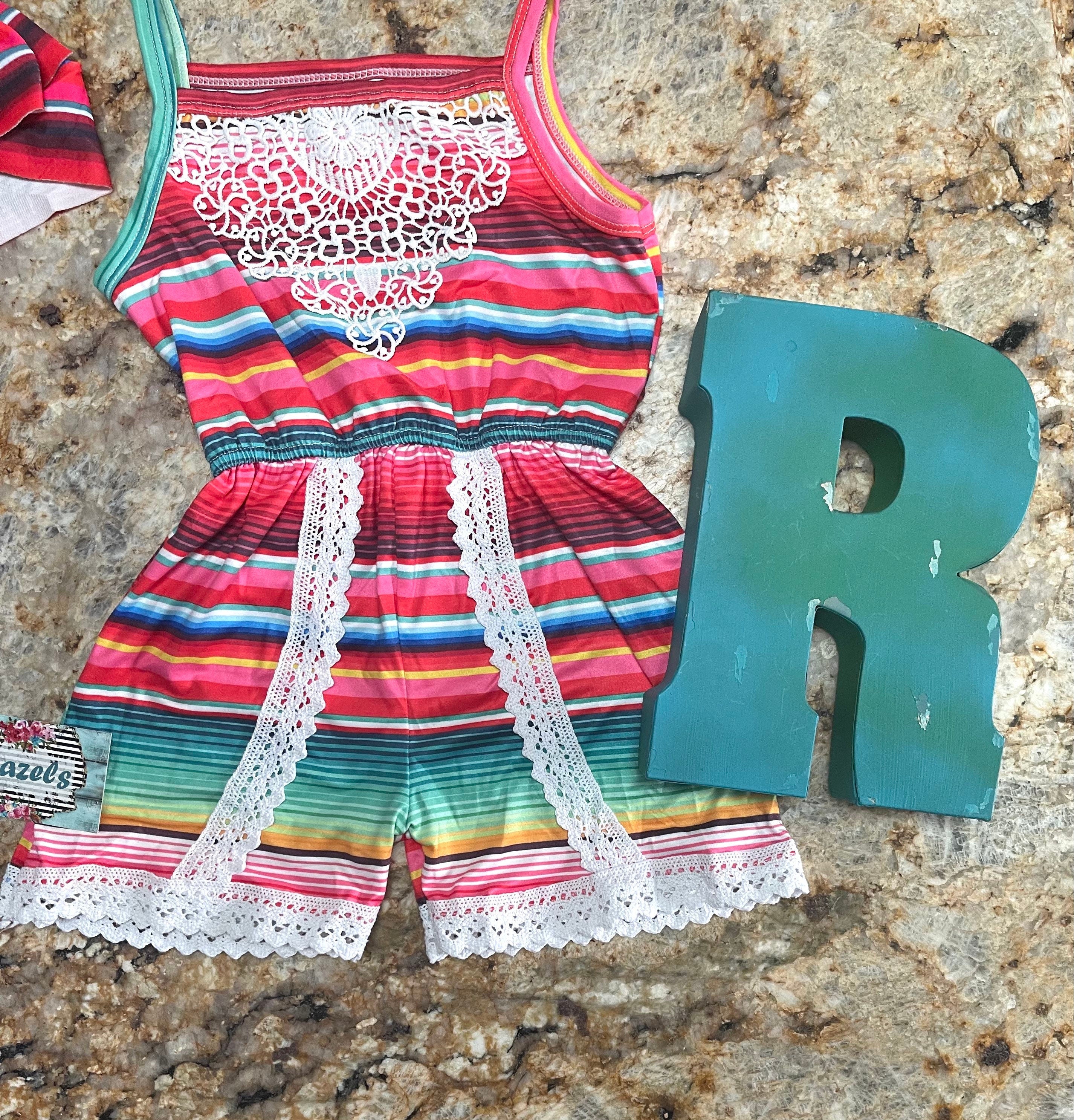 CLEARANCE Girls pink Striped Romper, Romper Serape and Lace Jumpsuit Fiesta Outfit Lightweight Summer Romper