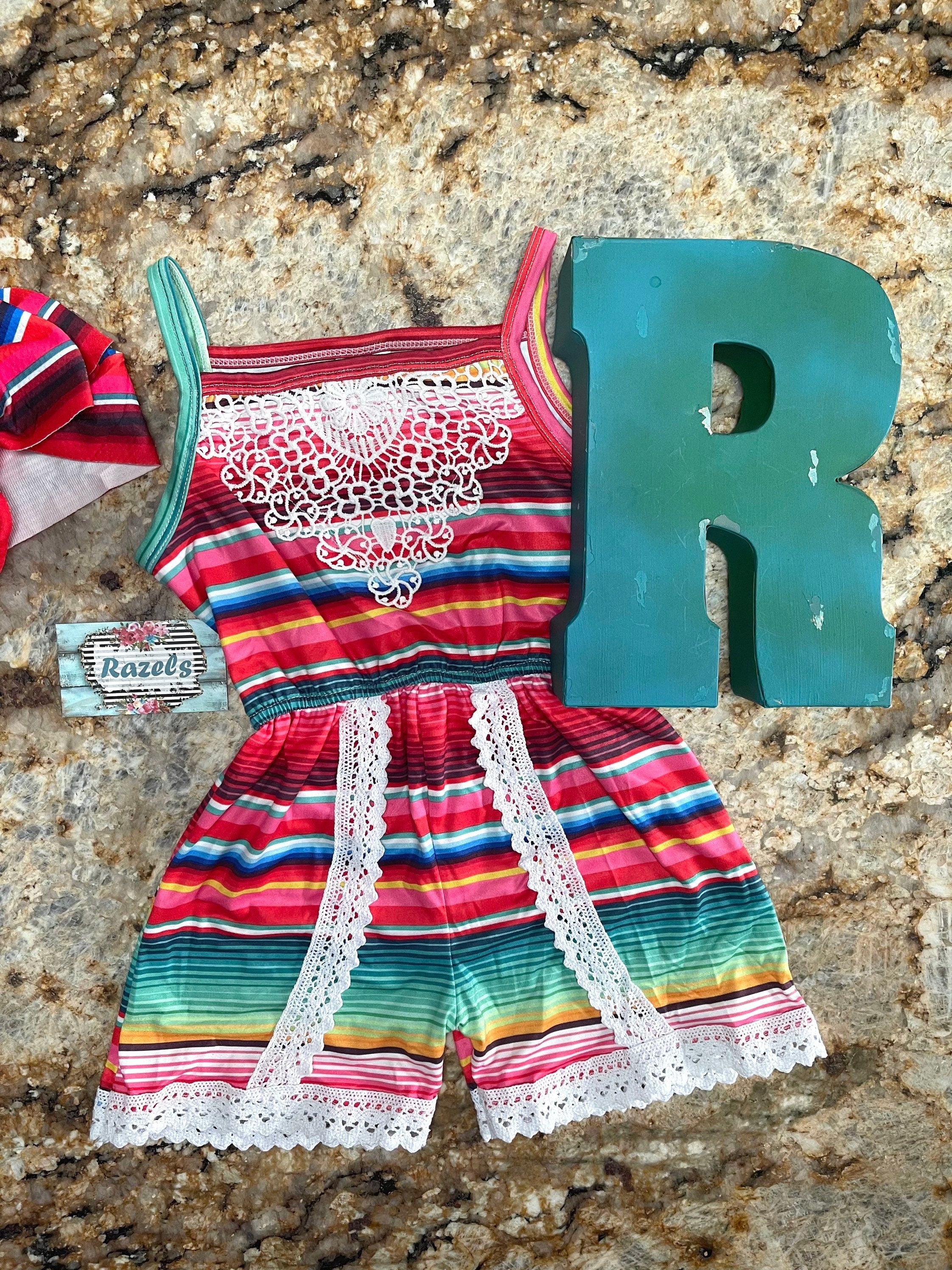 CLEARANCE Girls pink Striped Romper, Romper Serape and Lace Jumpsuit Fiesta Outfit Lightweight Summer Romper