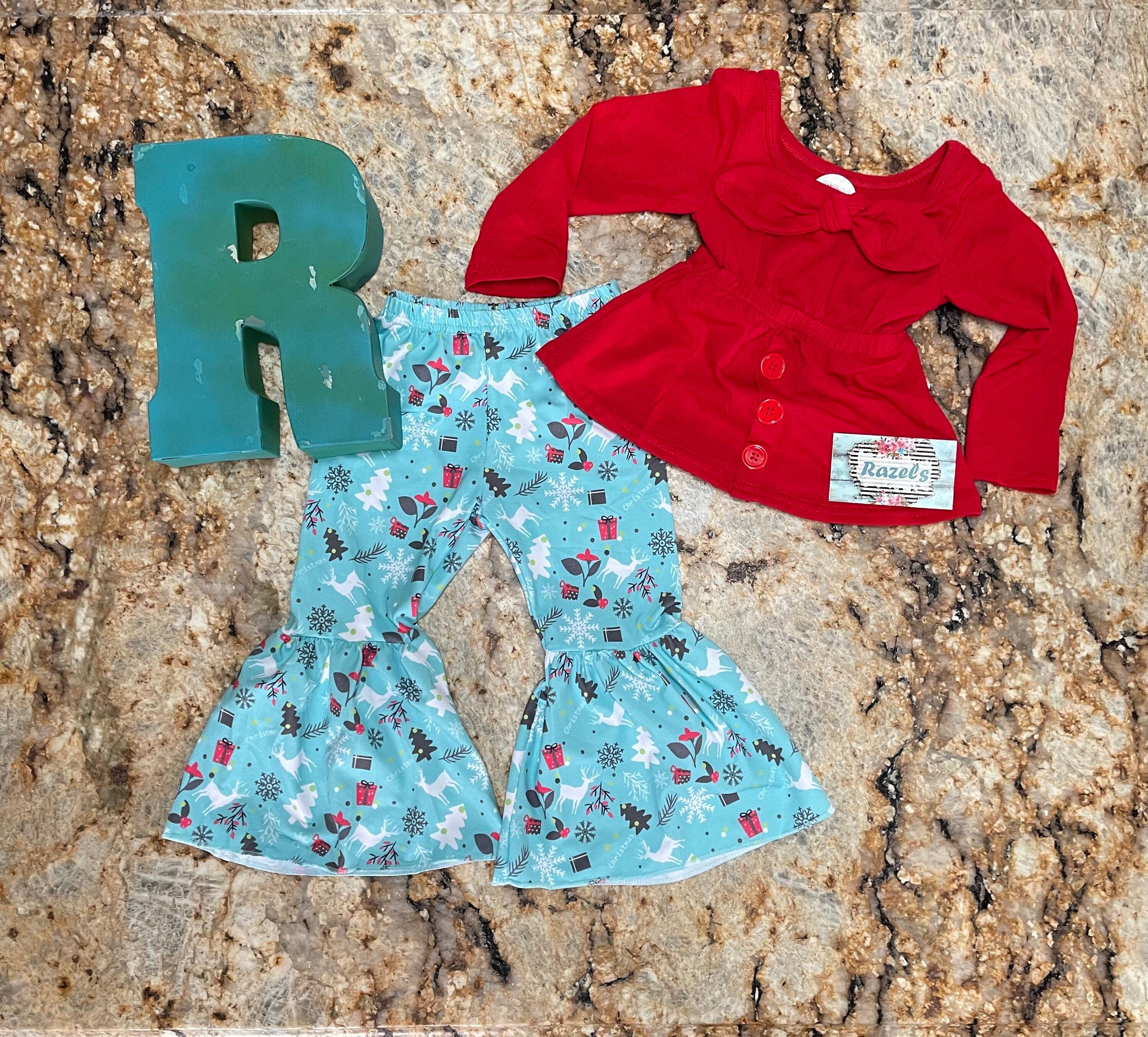 Christmas Boutique Bell Bottom Outfit / BOHO Reindeer Flare Pants, Christmas Red Bow Top