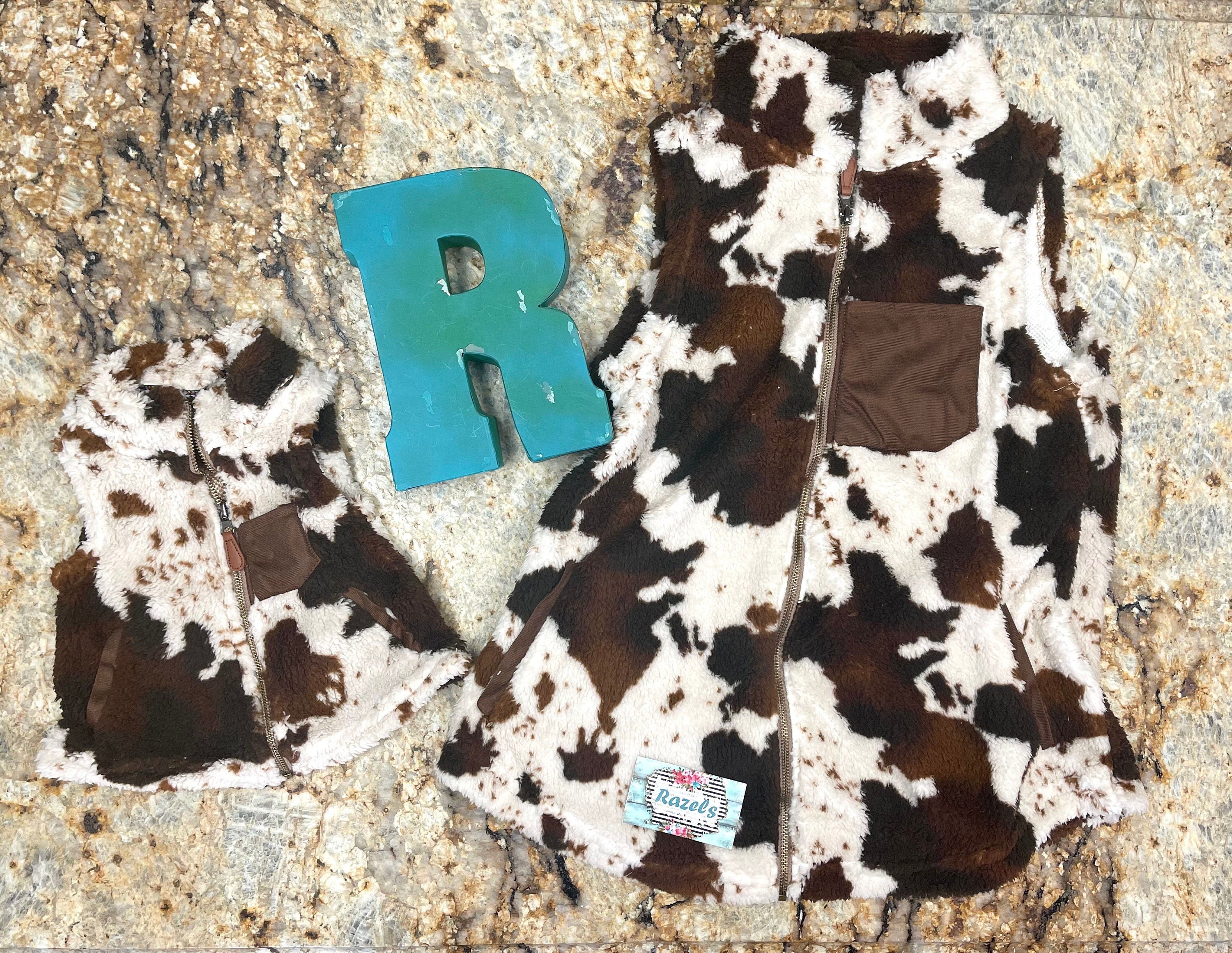 Kids COW Print SHERPA Vest, Cowhide Full Zip Vest