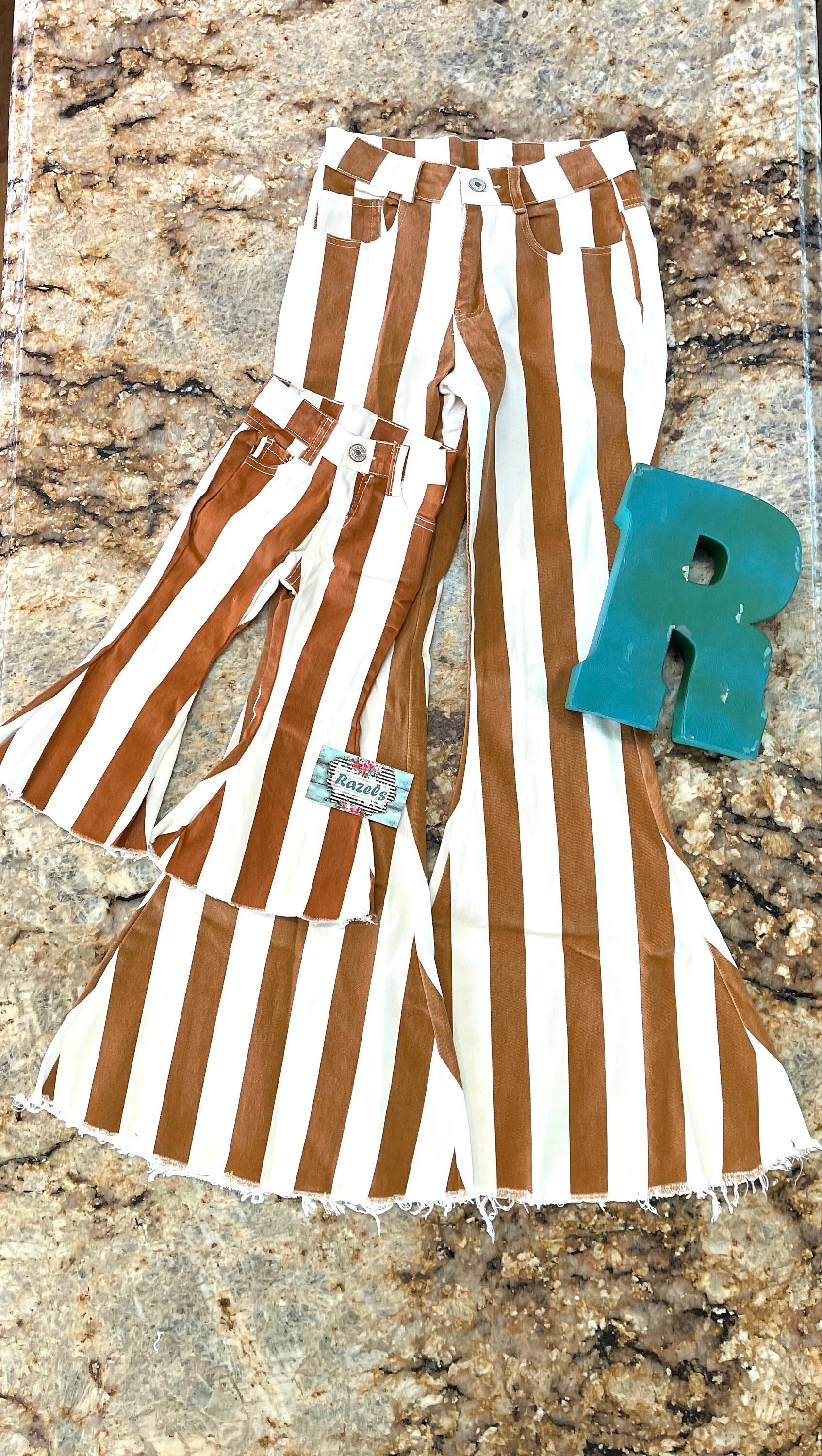 adult STRIPED Bell Bottom Jeans, Boho COWGIRL Frayed Flare Jeans