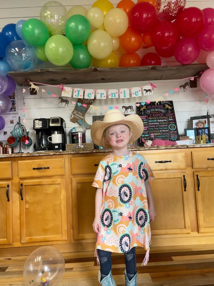 CLEARANCE T-Shirt Dress | Western Fringe Girls Cowprint Dress | Boho Horse Tunic for Kids, Cute Country Style Outfit