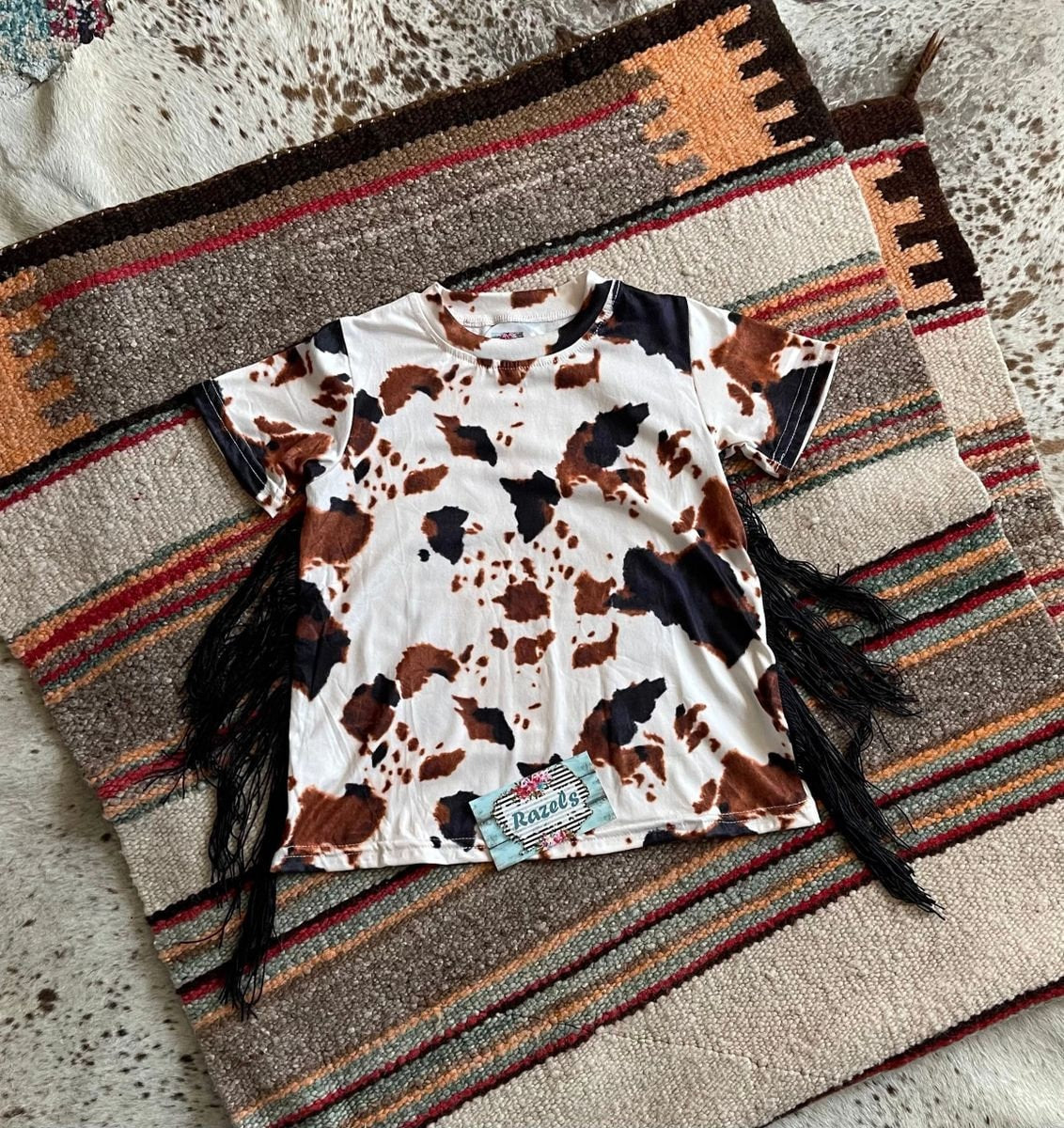 CLEARANCE T-Shirt Dress | Western Fringe Girls Cowprint Dress | Boho Horse Tunic for Kids, Cute Country Style Outfit