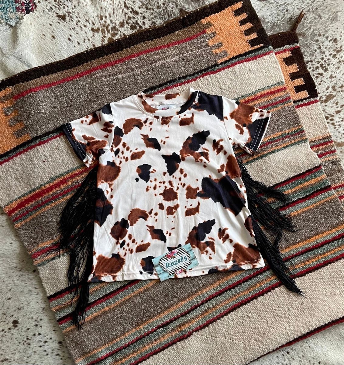 Girls Western Cowprint Fringe T-Shirt Dress: Boho Horse Tunic -Razels