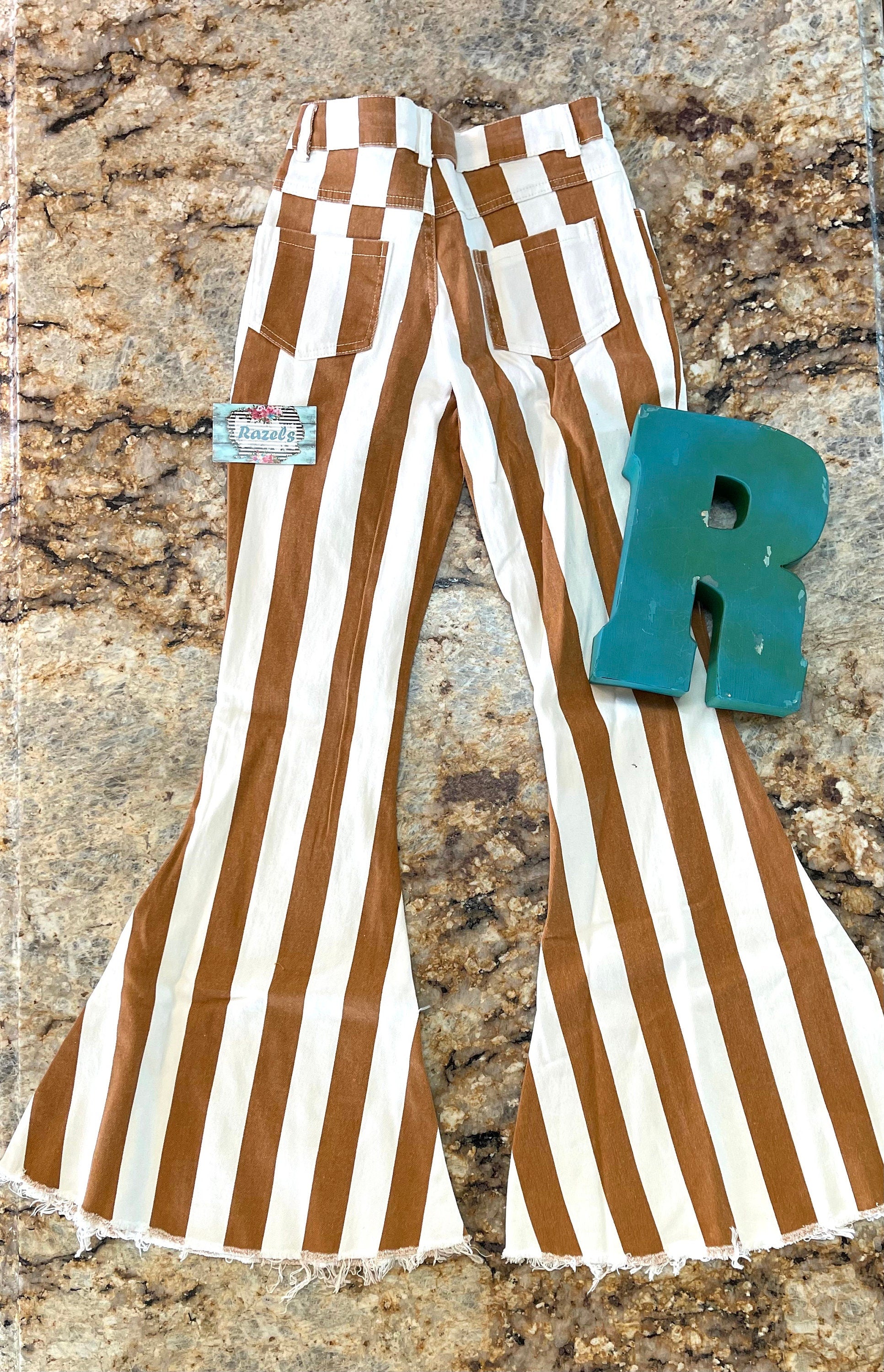 adult STRIPED Bell Bottom Jeans, Boho COWGIRL Frayed Flare Jeans