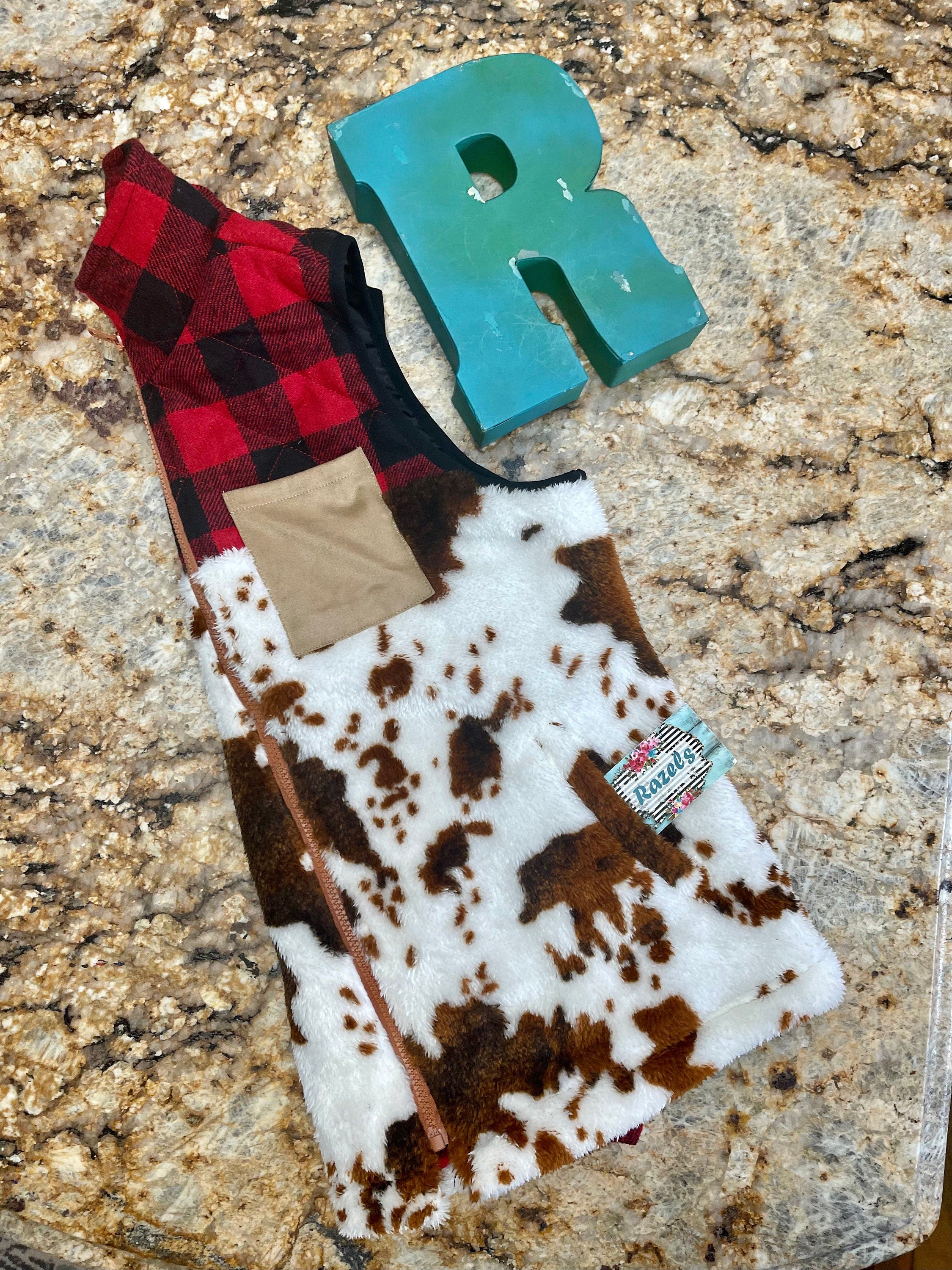 Cowprint Buffalo Plaid Vest, Sherpa Buffalo Check Brindle Cowhide Vest