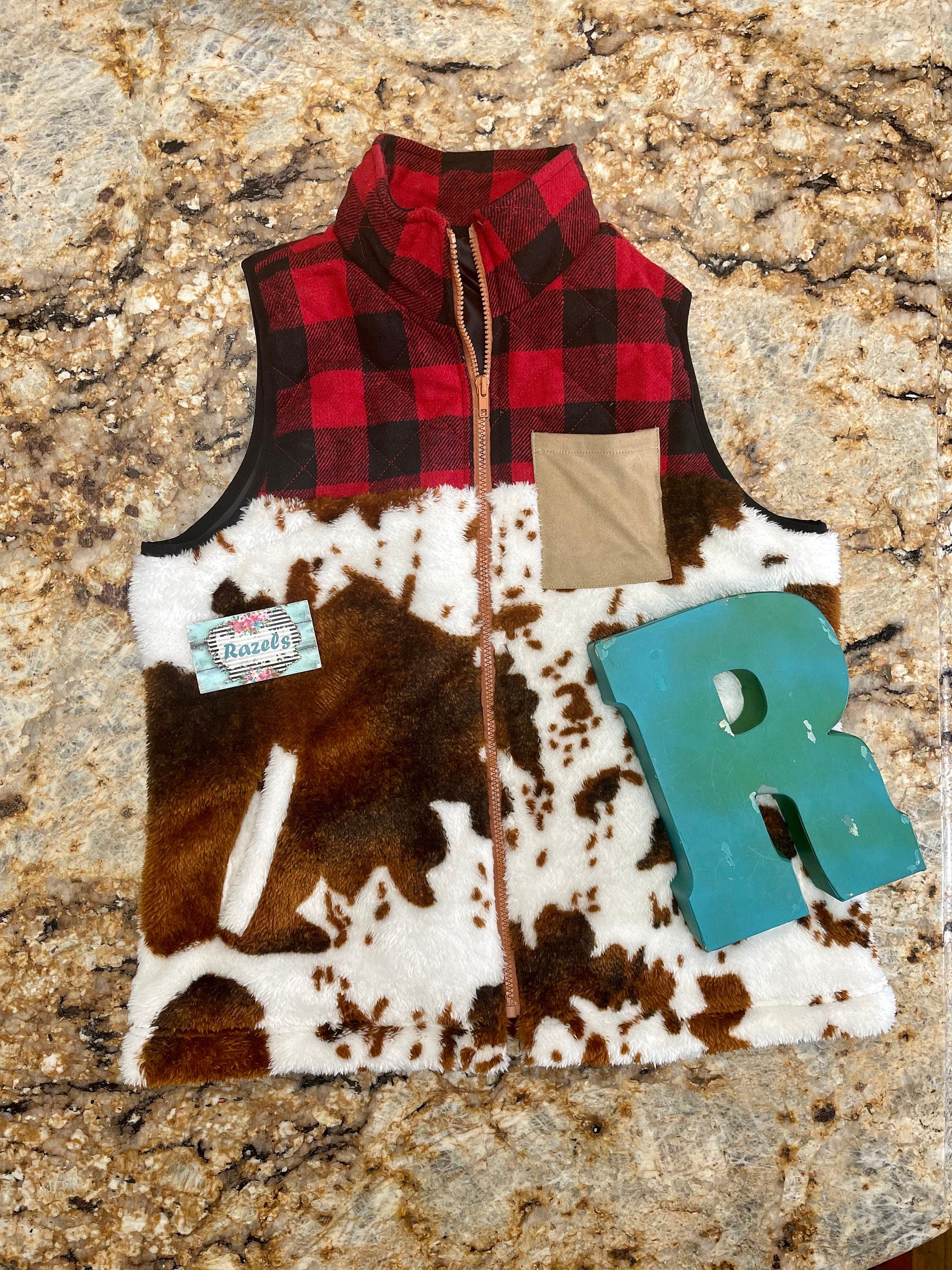 Cowprint Buffalo Plaid Vest, Sherpa Buffalo Check Brindle Cowhide Vest