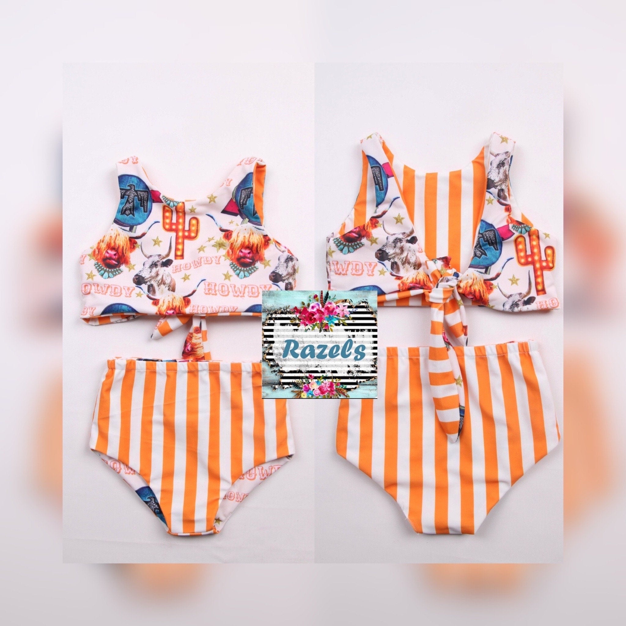 This girls Western swimsuit features the funniest cowgirl print and is reversible! Highland Cows, Longhorn Cows, Thunderbirds, Neon Cactus Signs and Howdy REVERSIBLE 2 piece Swimsuit with bright yellow stripes on the reverse side.