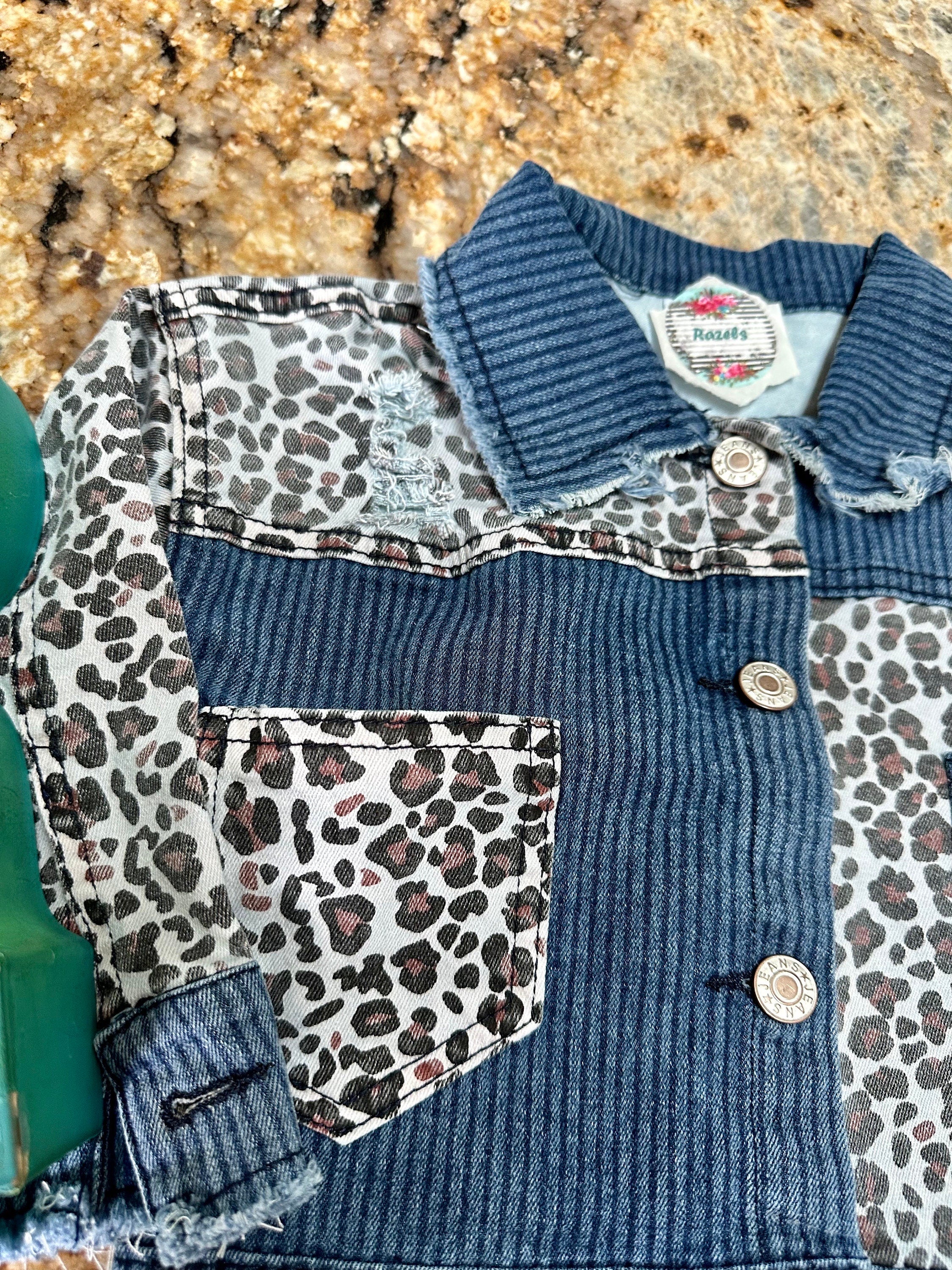 Cheetah and Denim Jacket, Girls Frayed Fall Coat