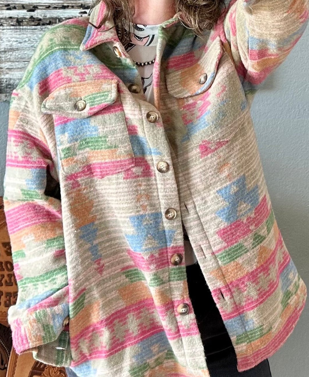 Pink Western Aztec Shacket | Southwestern Women’s Shirt Jacket, Oversized Layering Shirt, Western Style Jacket