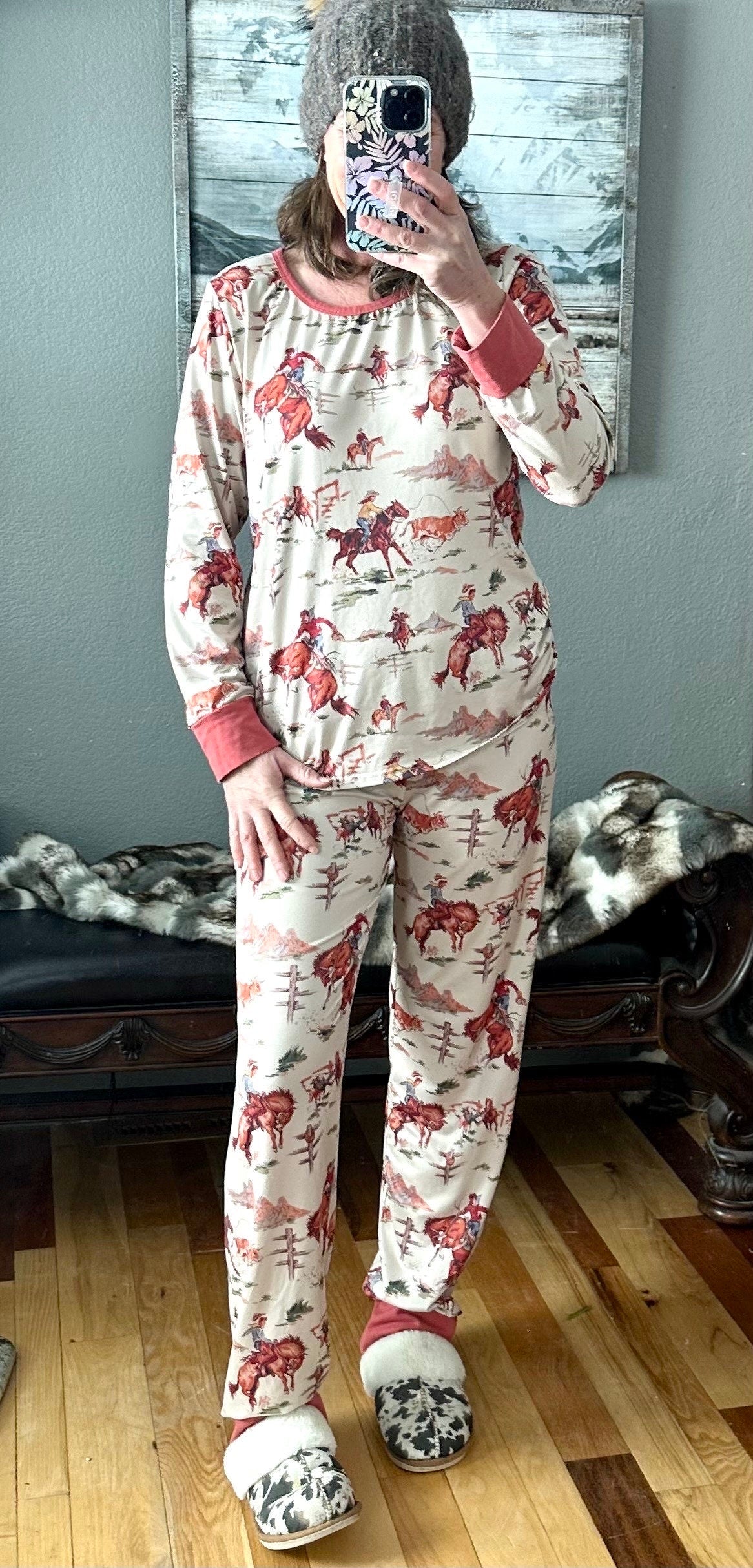 Retro Western Vintage Cowboy Pajamas: Bring the rodeo home with these Classic Western Pajamas from Razels! Featuring a vintage cowboy print with bucking broncs, roping steers, and steer wrestling. Available in baby 3/6 months - adult 4x! Ships FREE.