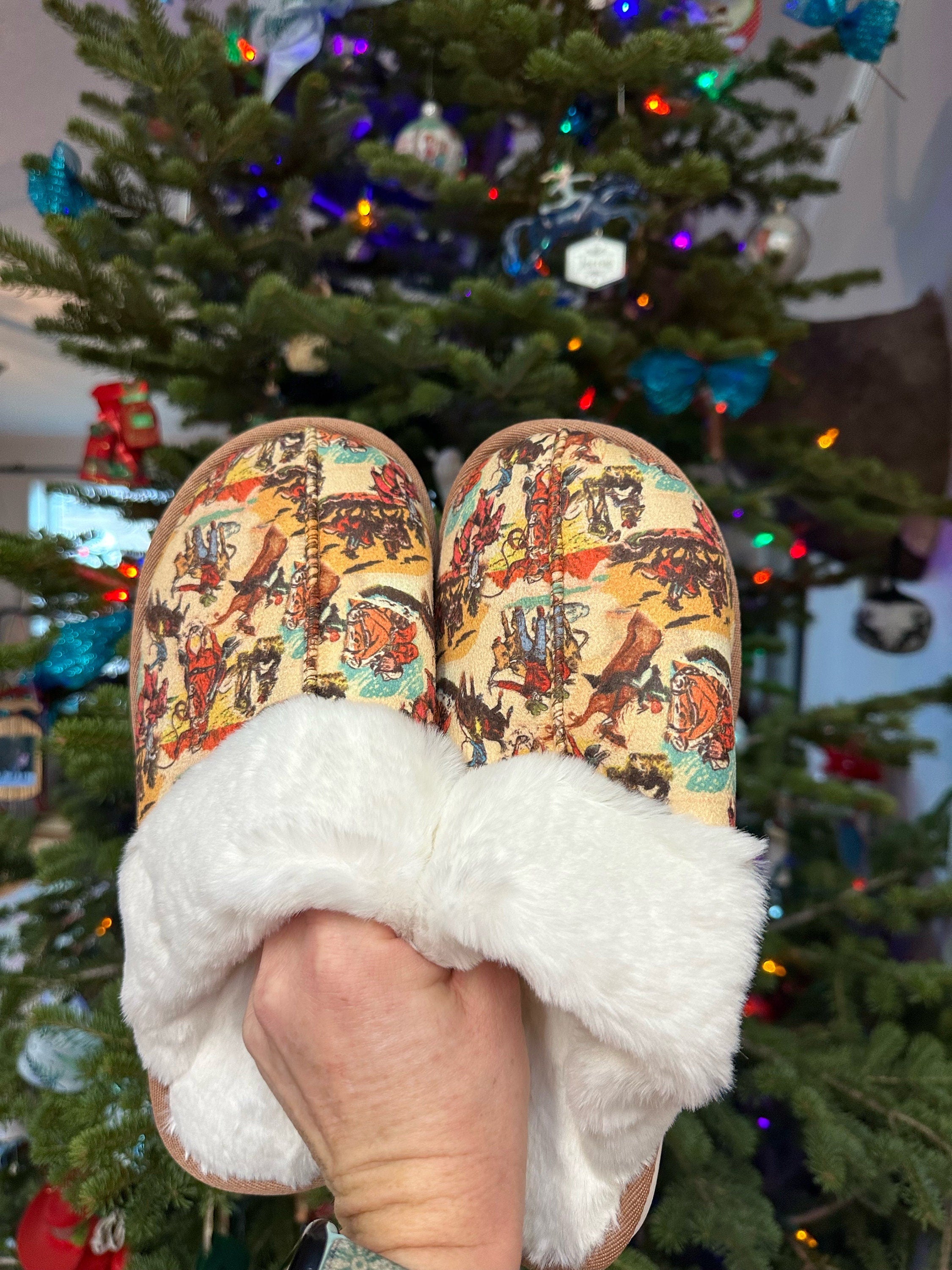 Cowboy Print Plush Slippers have a rubber sole for inside outside wear and the softest sherpa lining.